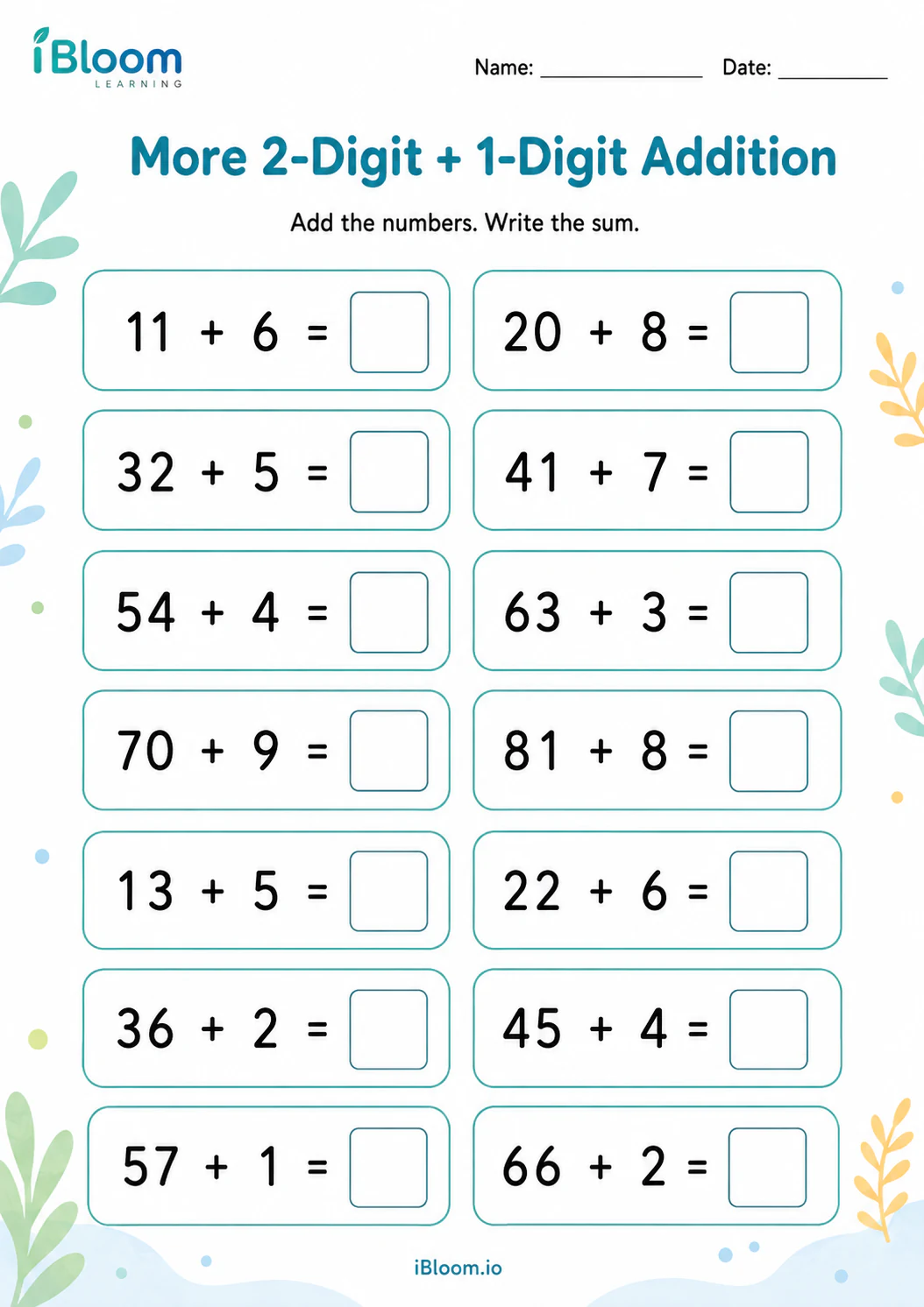 Preview of More 2-Digit + 1-Digit Addition worksheet
