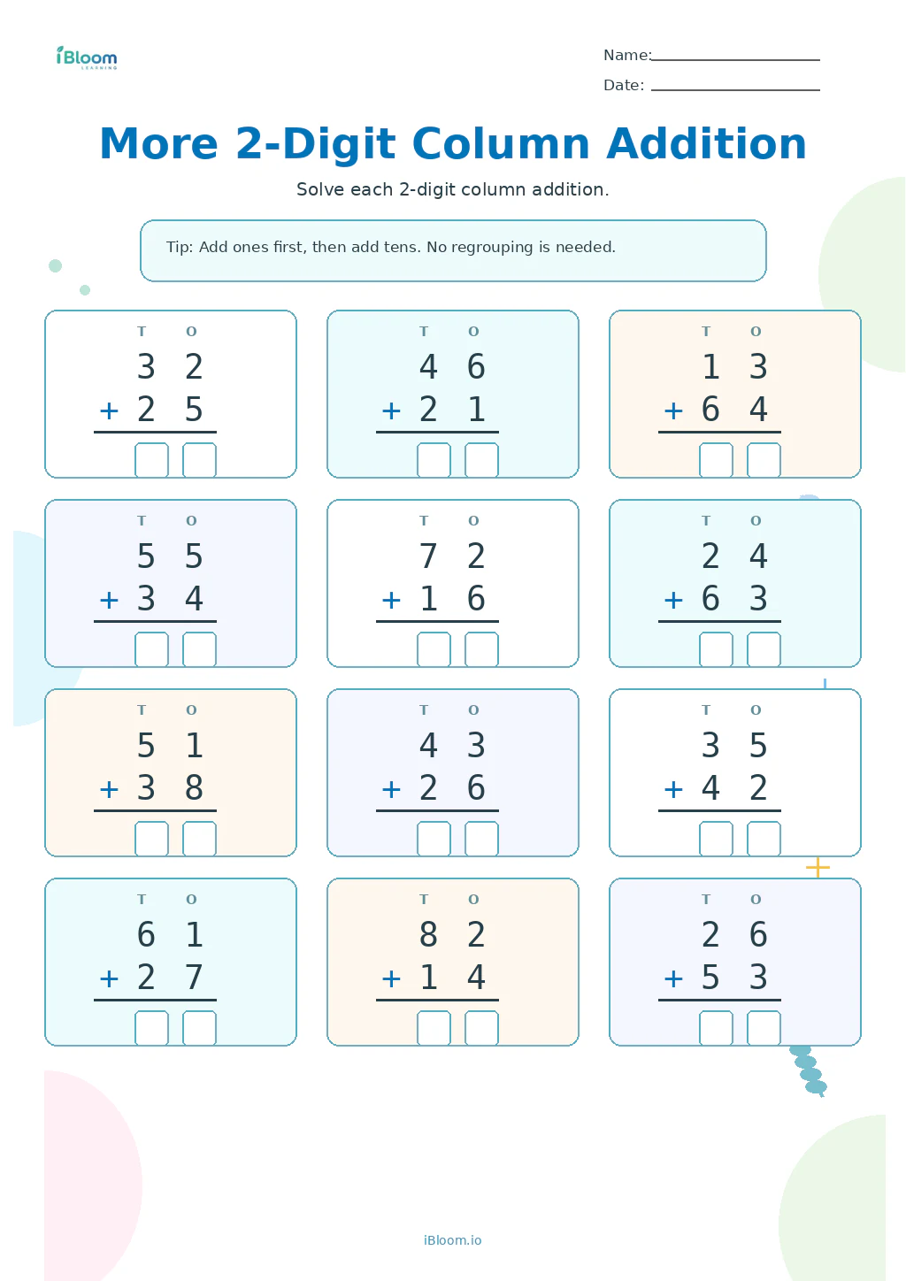 More 2-Digit Column Addition Grade 1 worksheet preview