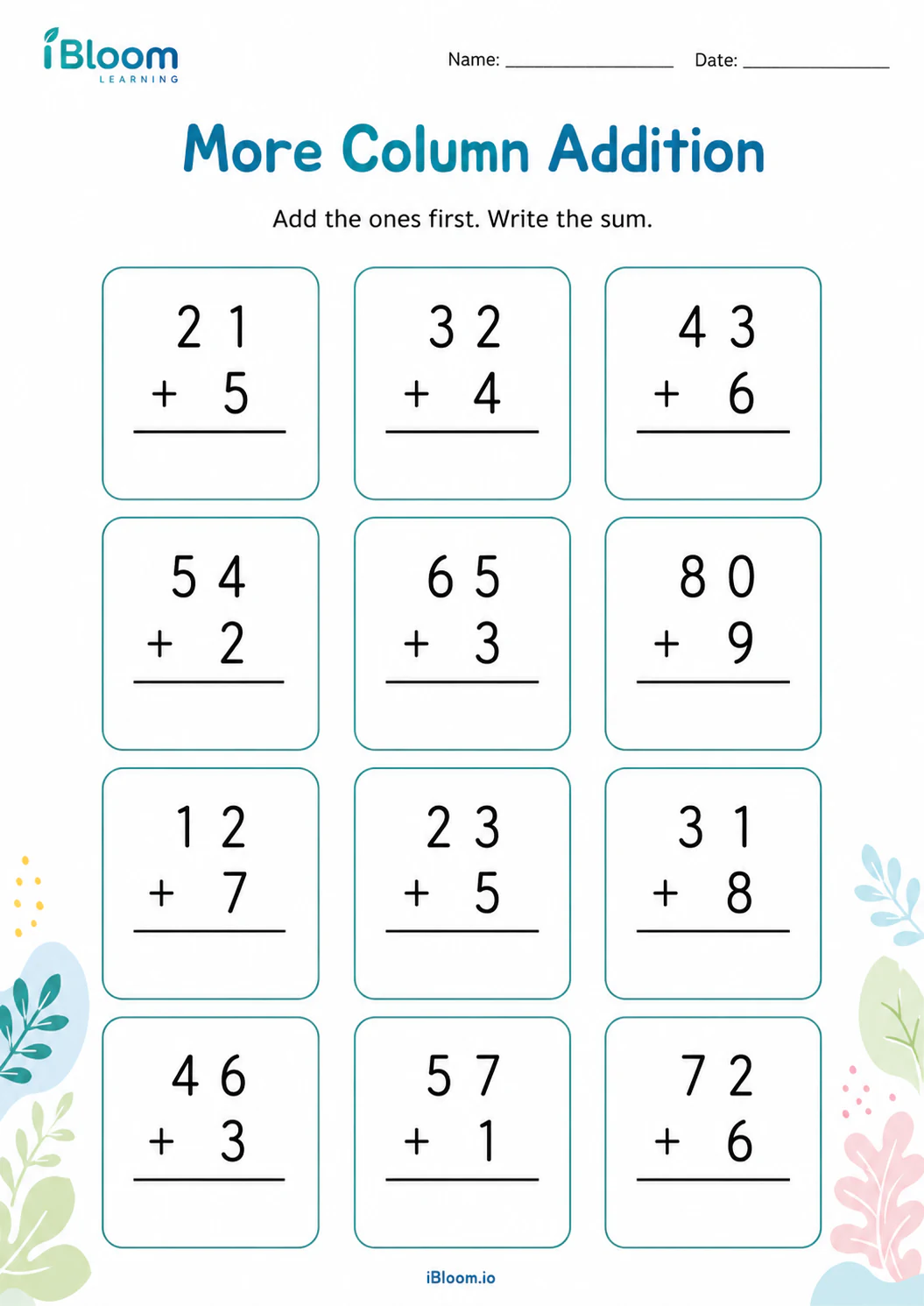 More Column Addition Grade 1 worksheet preview