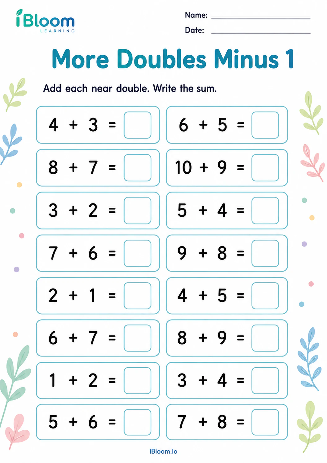 More Doubles Minus 1 Grade 1 worksheet preview
