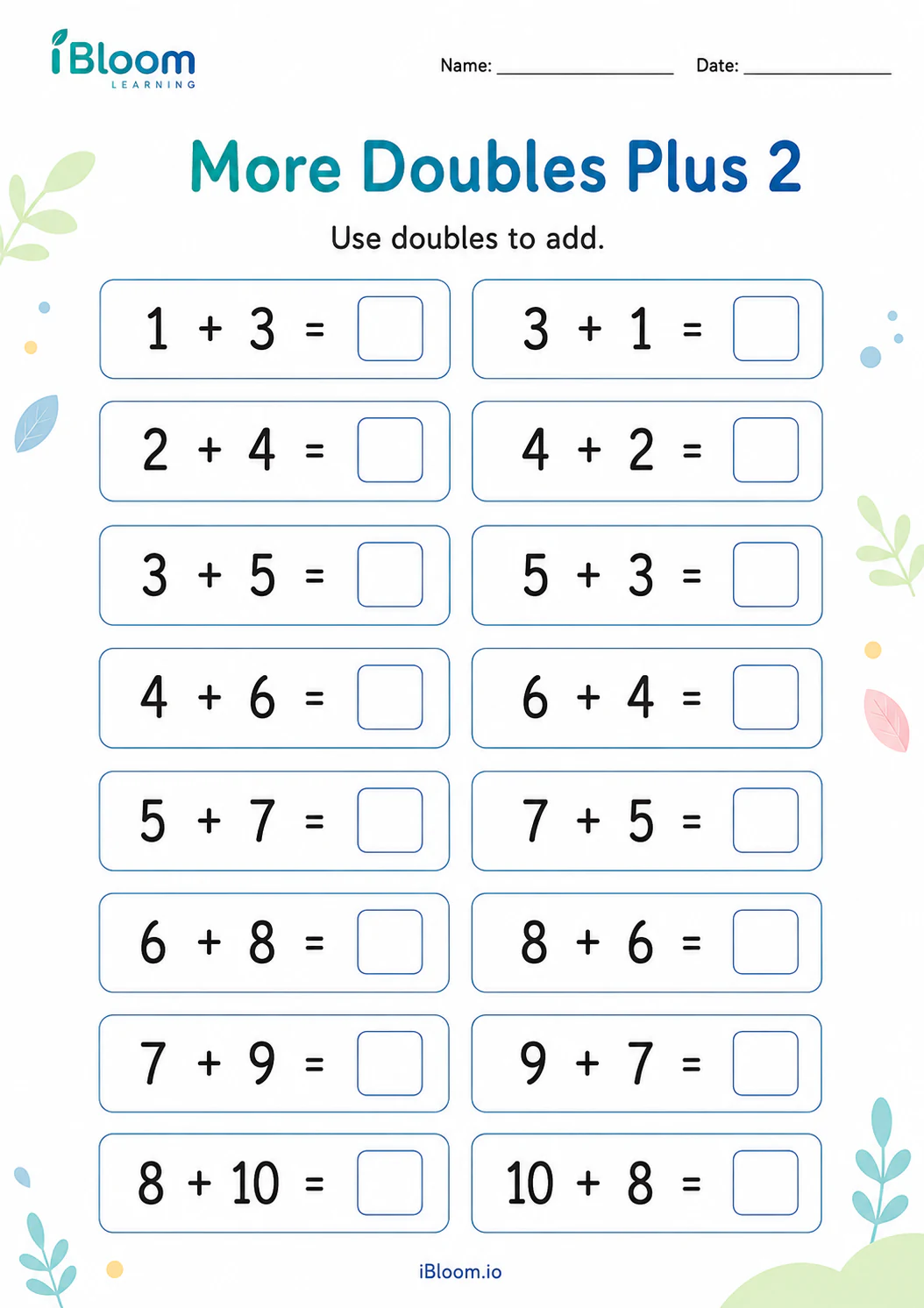 More Doubles Plus 2 Grade 1 worksheet preview