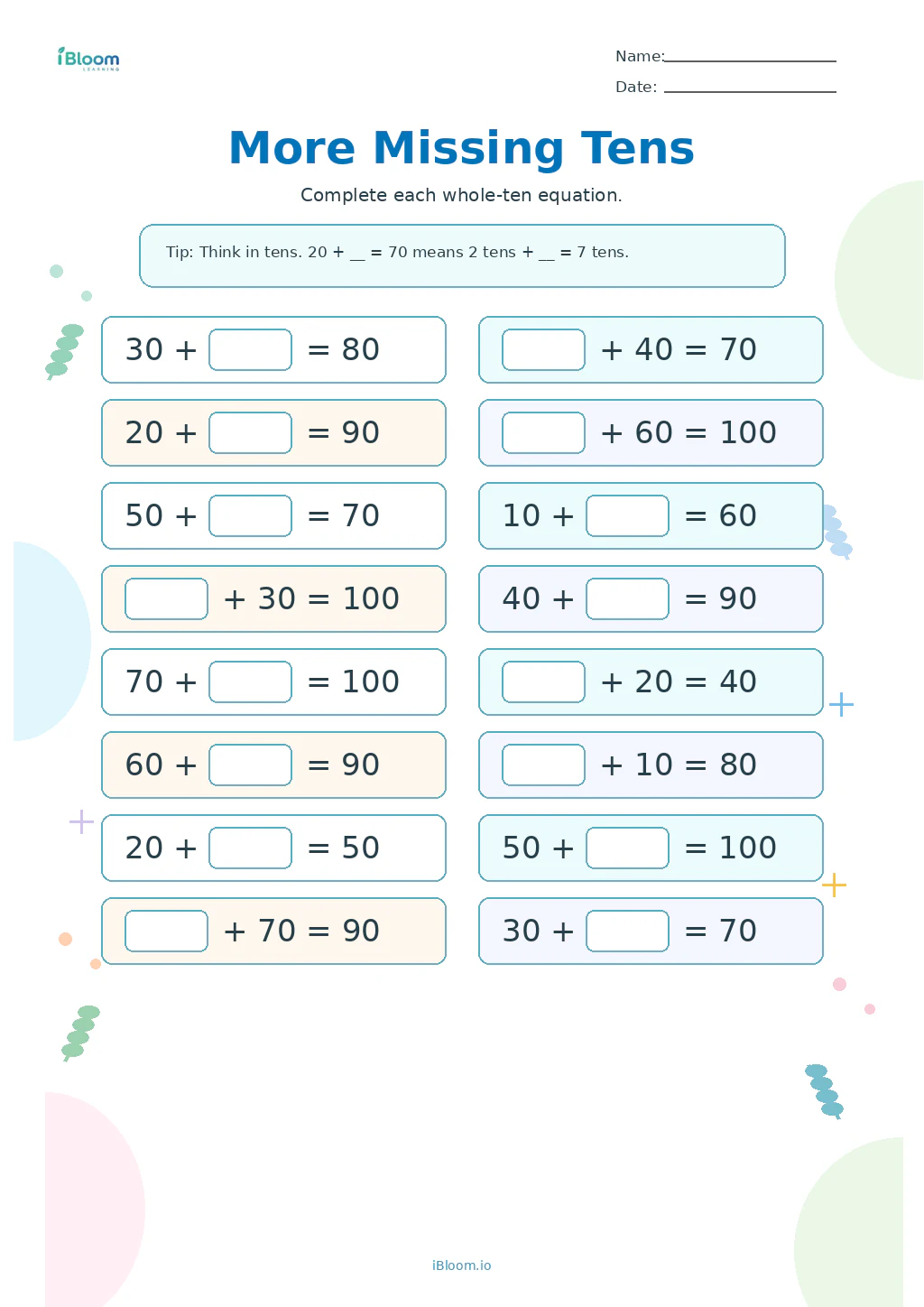 More Missing Tens Grade 1 worksheet preview