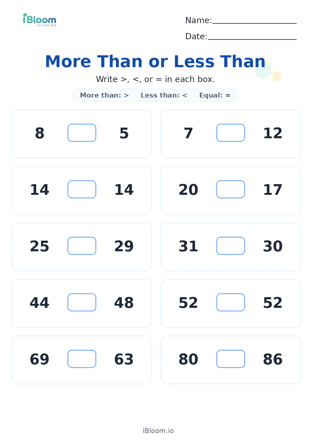 More Than or Less Than Grade 1 worksheet preview