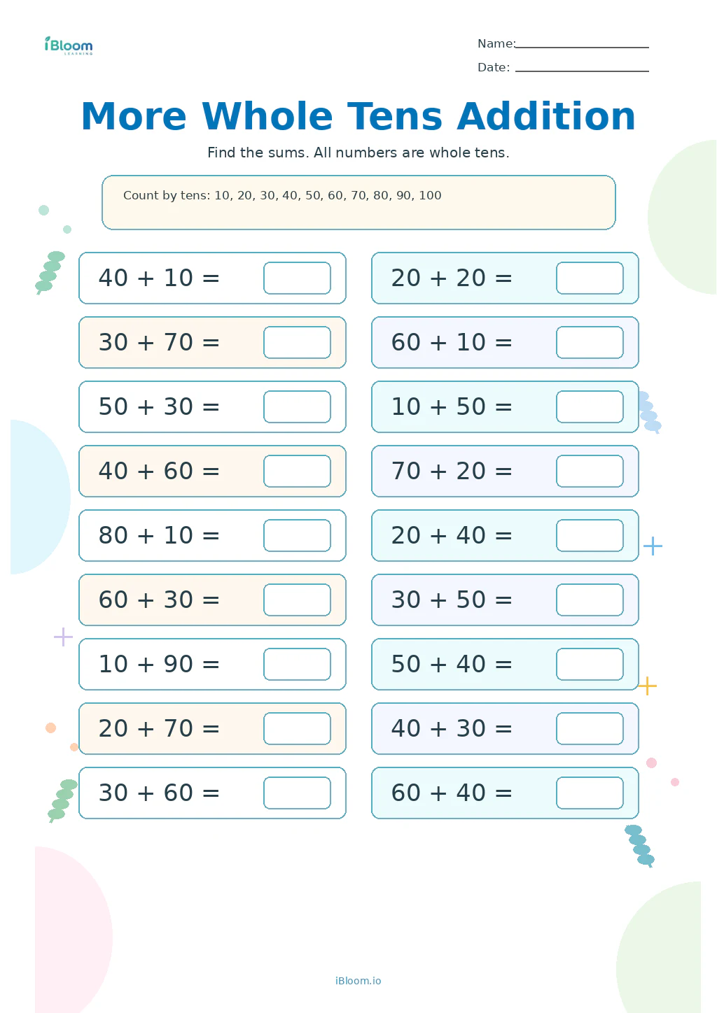 Preview of More Whole Tens Addition worksheet