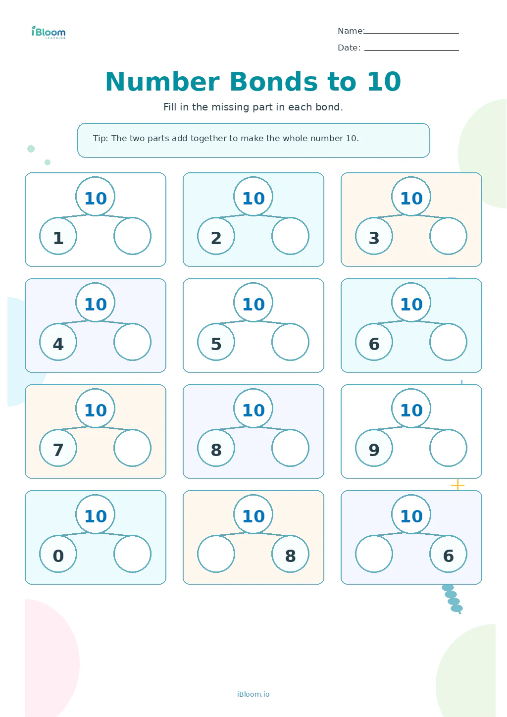 Number Bonds to 10 Grade 1 worksheet preview
