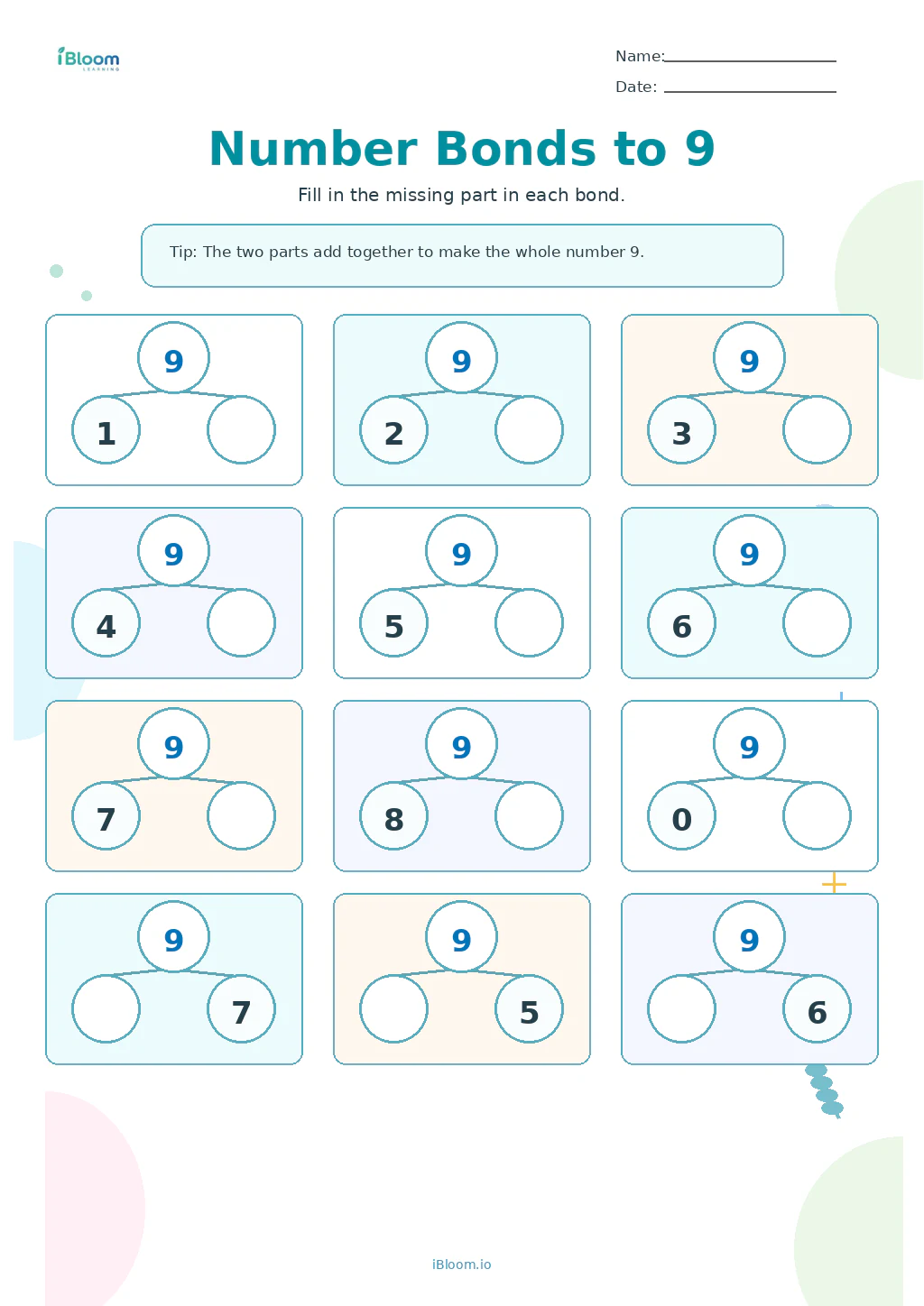 Number Bonds to 9 Grade 1 worksheet preview