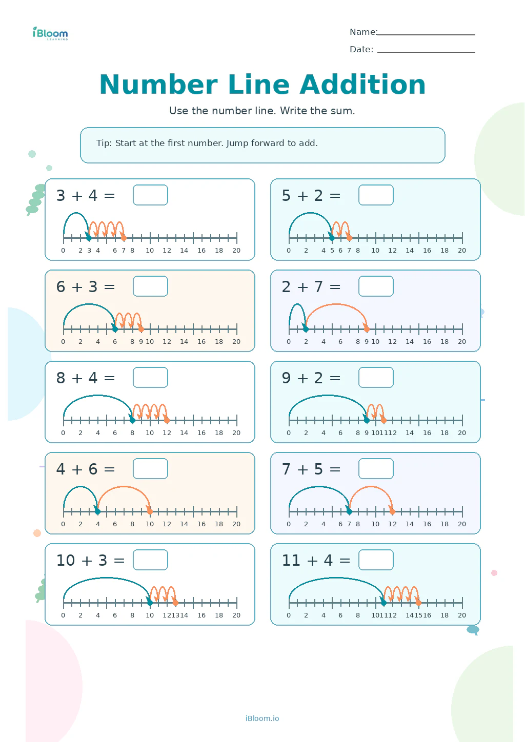 Number Line Addition Grade 1 math worksheet preview