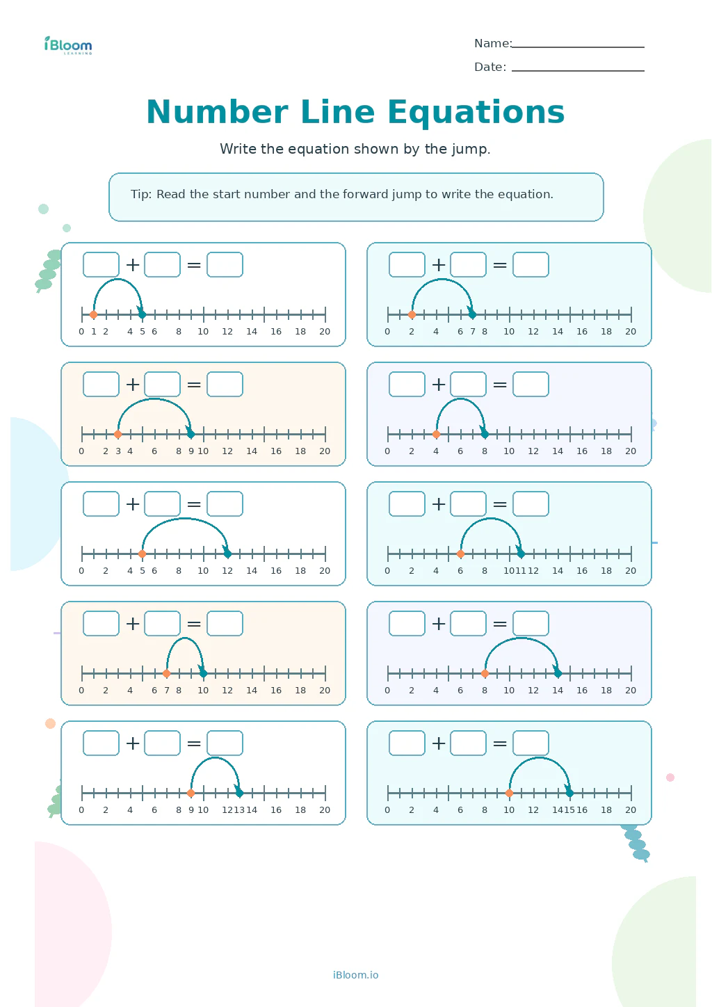 Number Line Equations Grade 1 worksheet preview