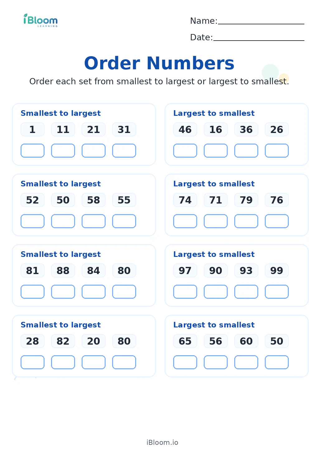 Order Numbers Grade 1 worksheet preview