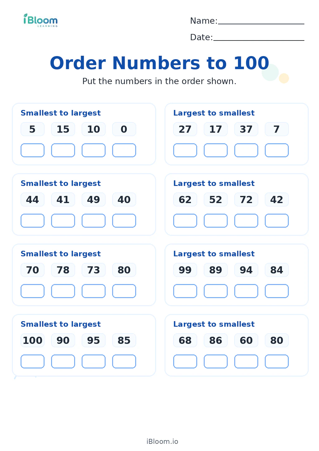 Order Numbers to 100 Grade 1 math worksheet preview