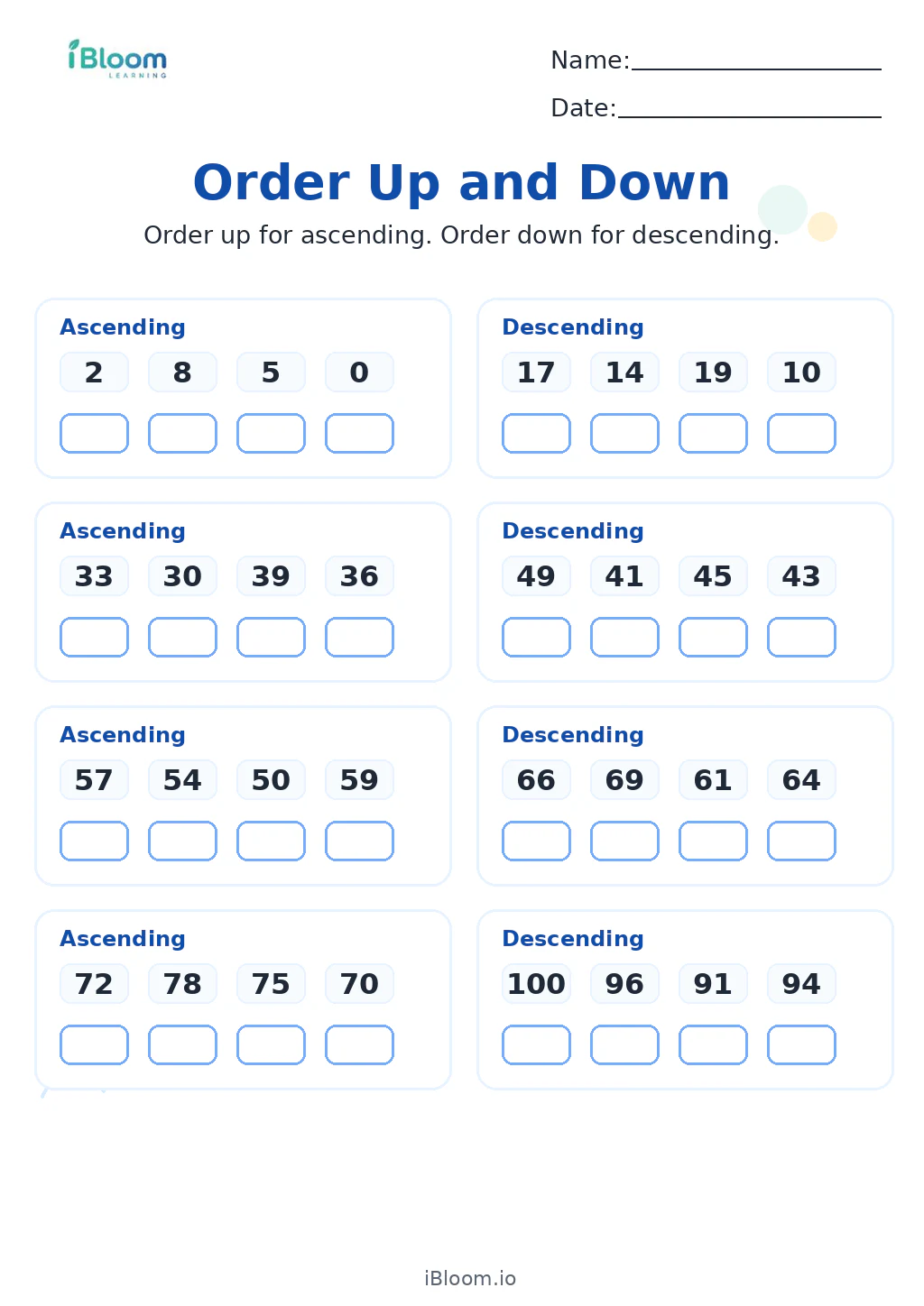 Order Up and Down Grade 1 worksheet preview