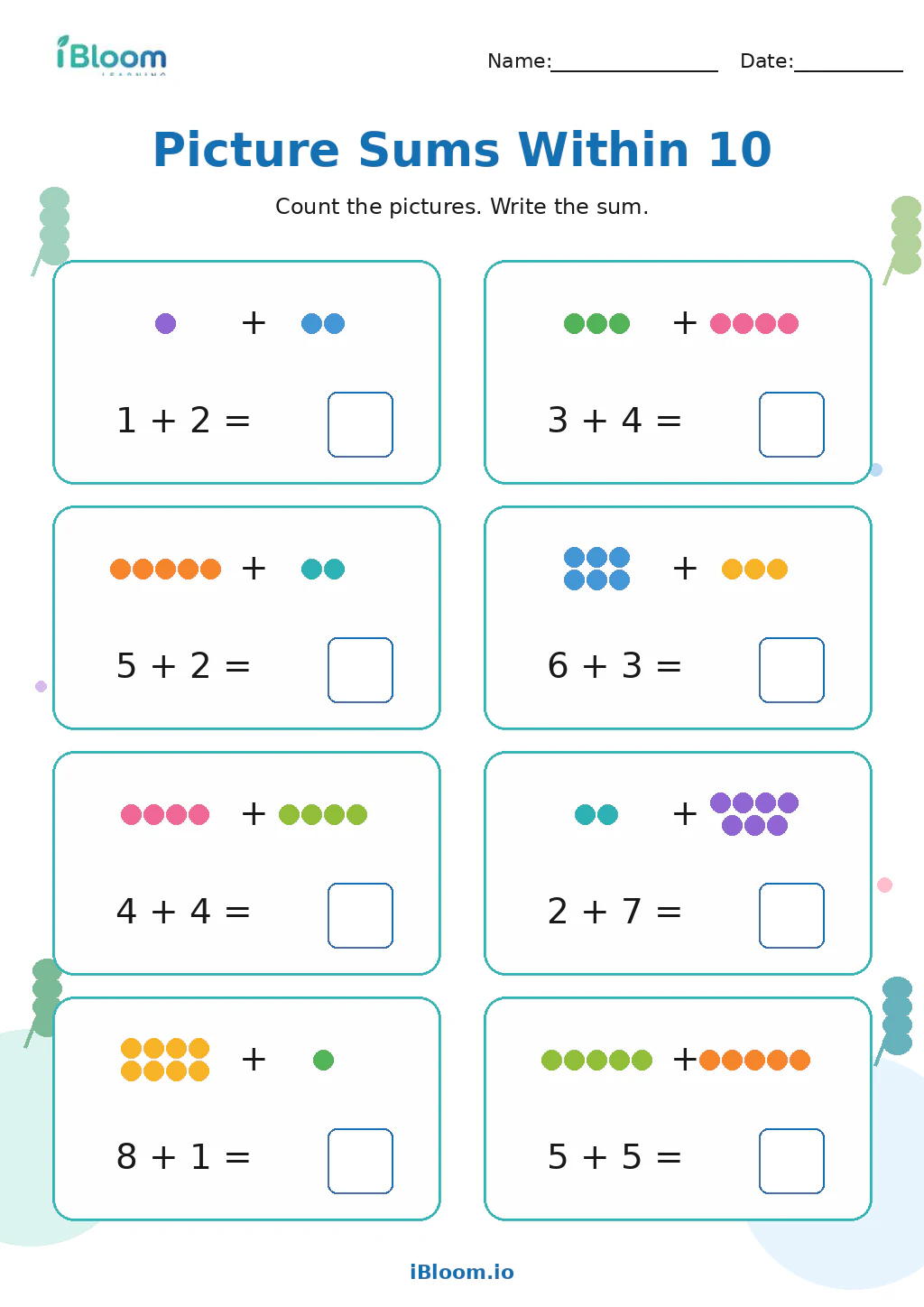 Picture Sums Within 10 Grade 1 worksheet preview