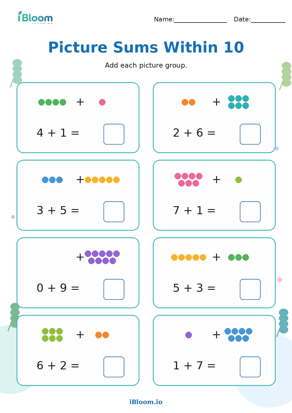 Preview of Picture Sums Within 10 worksheet