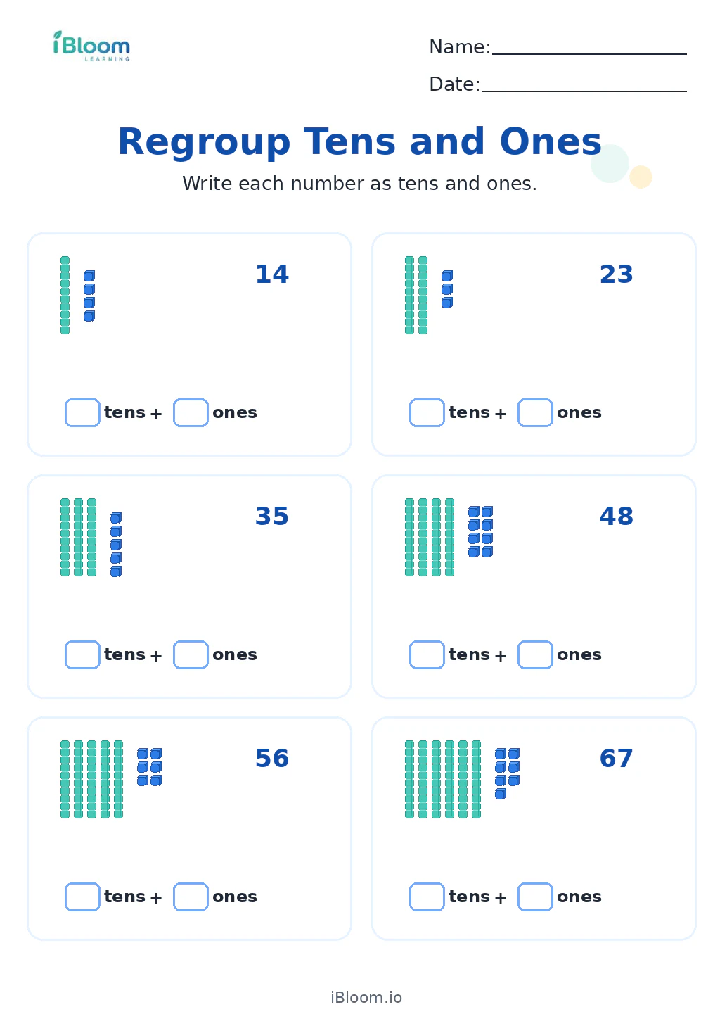 Regroup Tens and Ones Grade 1 worksheet preview