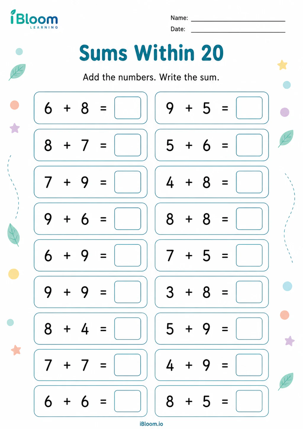 Sums Within 20 Grade 1 worksheet preview