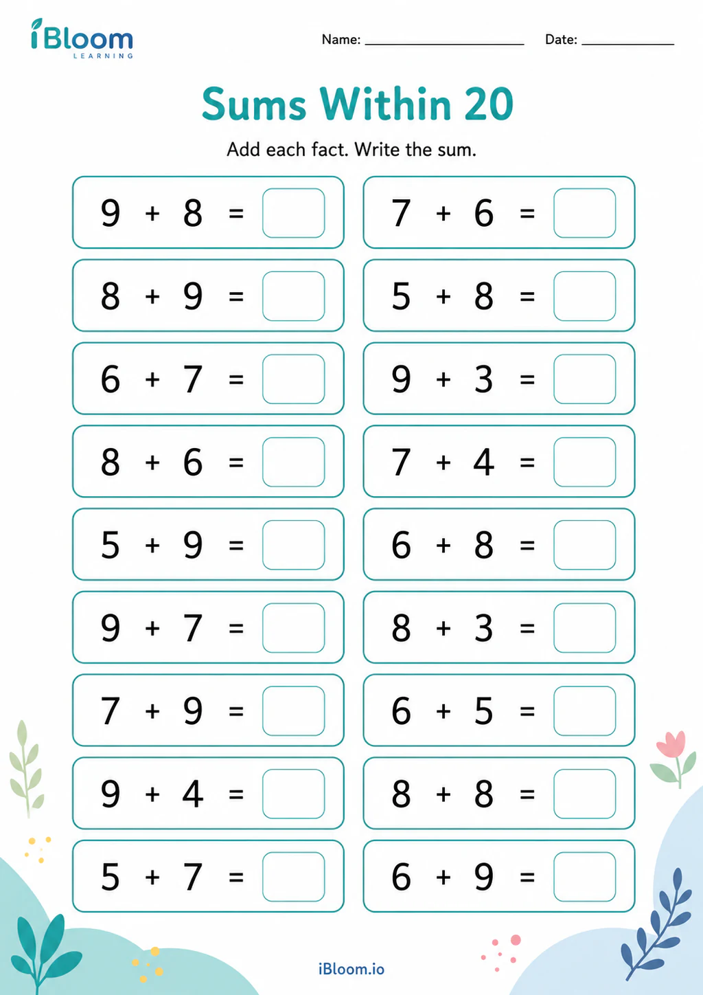 Preview of Sums Within 20 worksheet