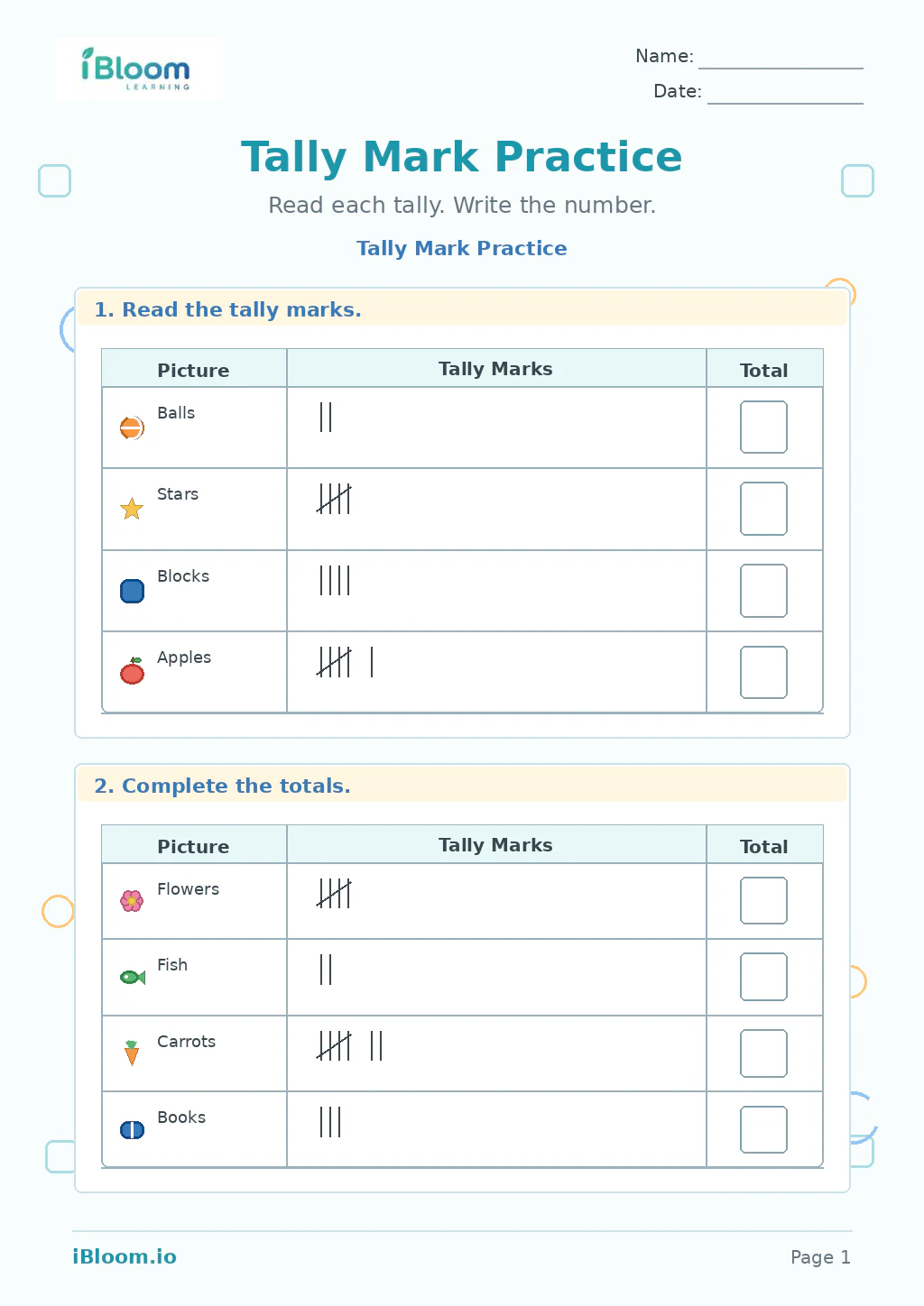 Preview page 1 of Tally Mark Practice