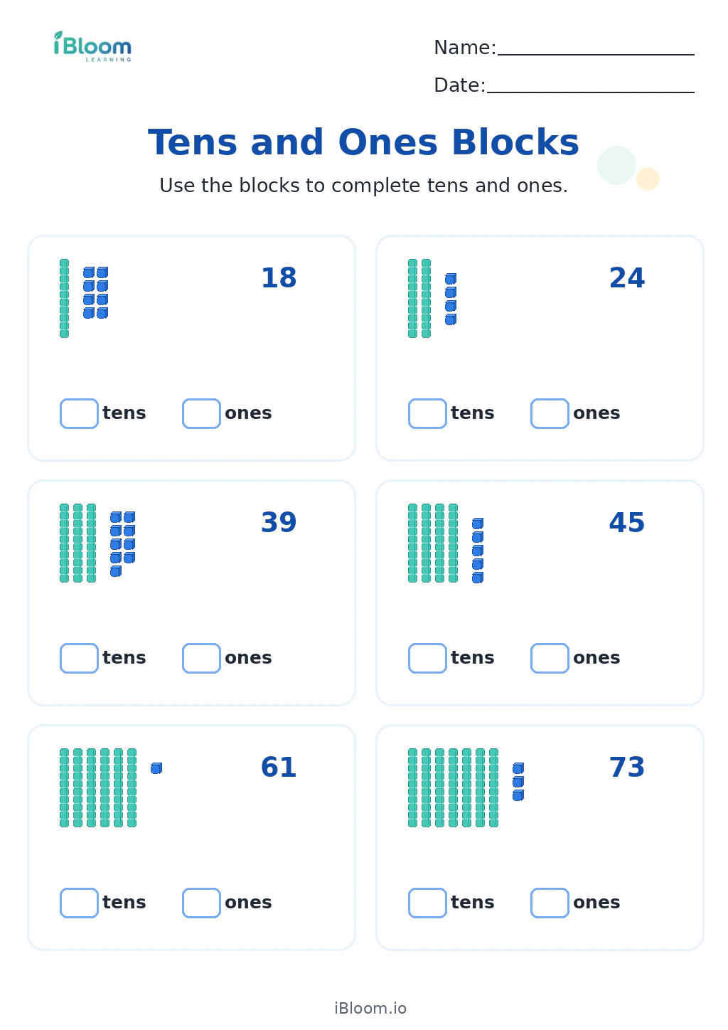 Tens and Ones Blocks Grade 1 worksheet preview