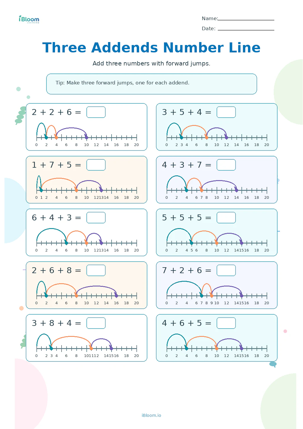 Three Addends Number Line Grade 1 worksheet preview