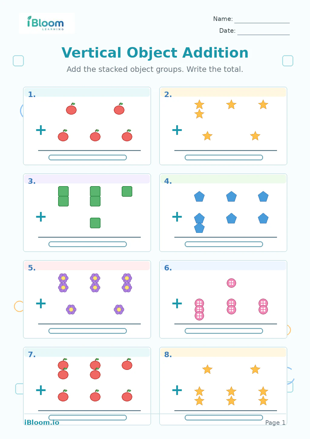 Vertical Object Addition Grade 1 worksheet preview