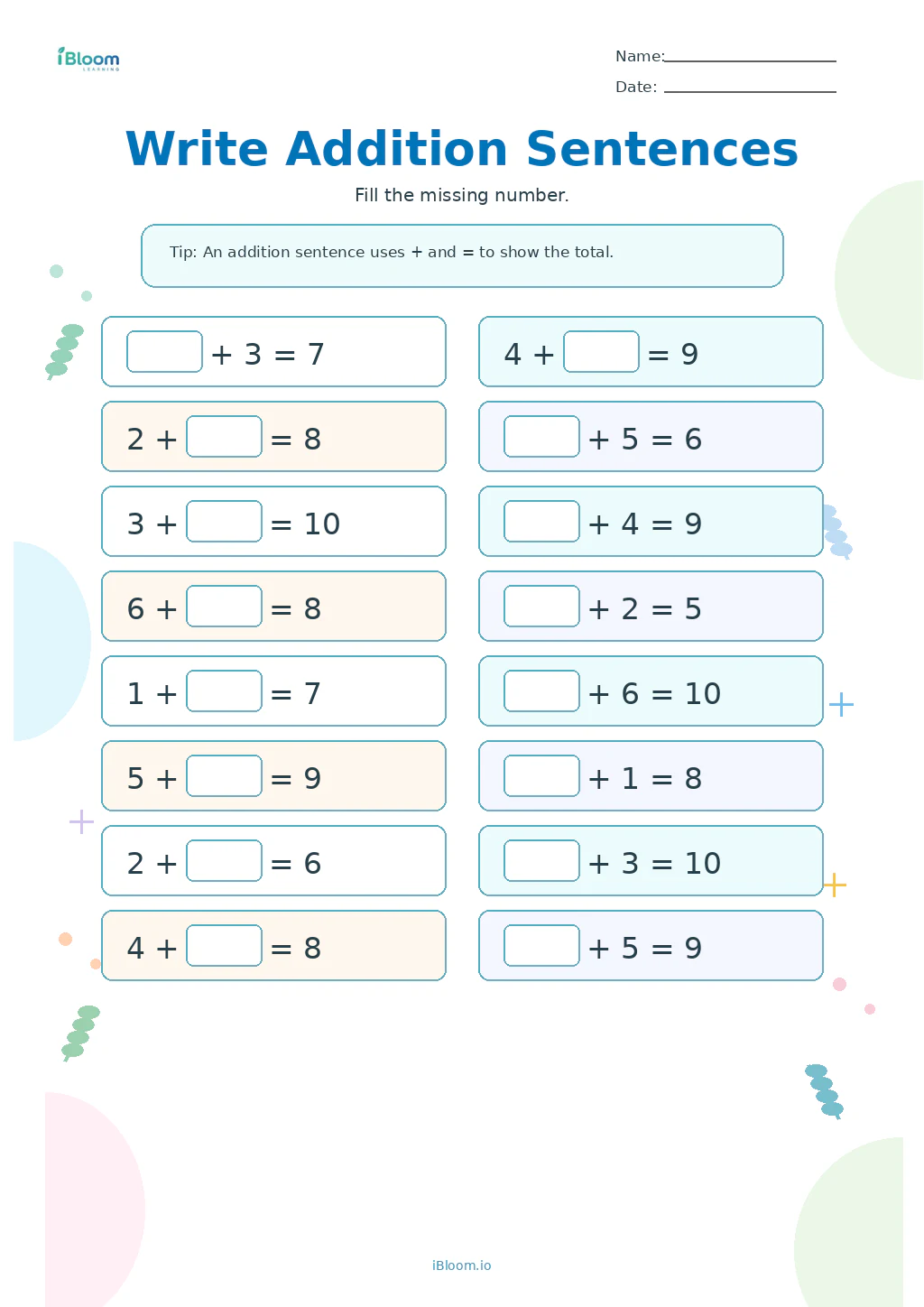 Write Addition Sentences Grade 1 worksheet preview
