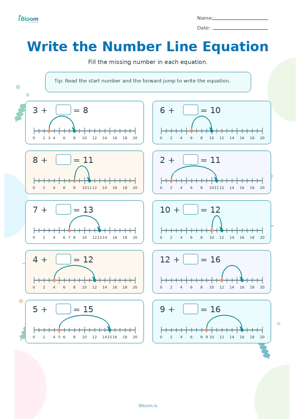 Write the Number Line Equation Grade 1 worksheet preview