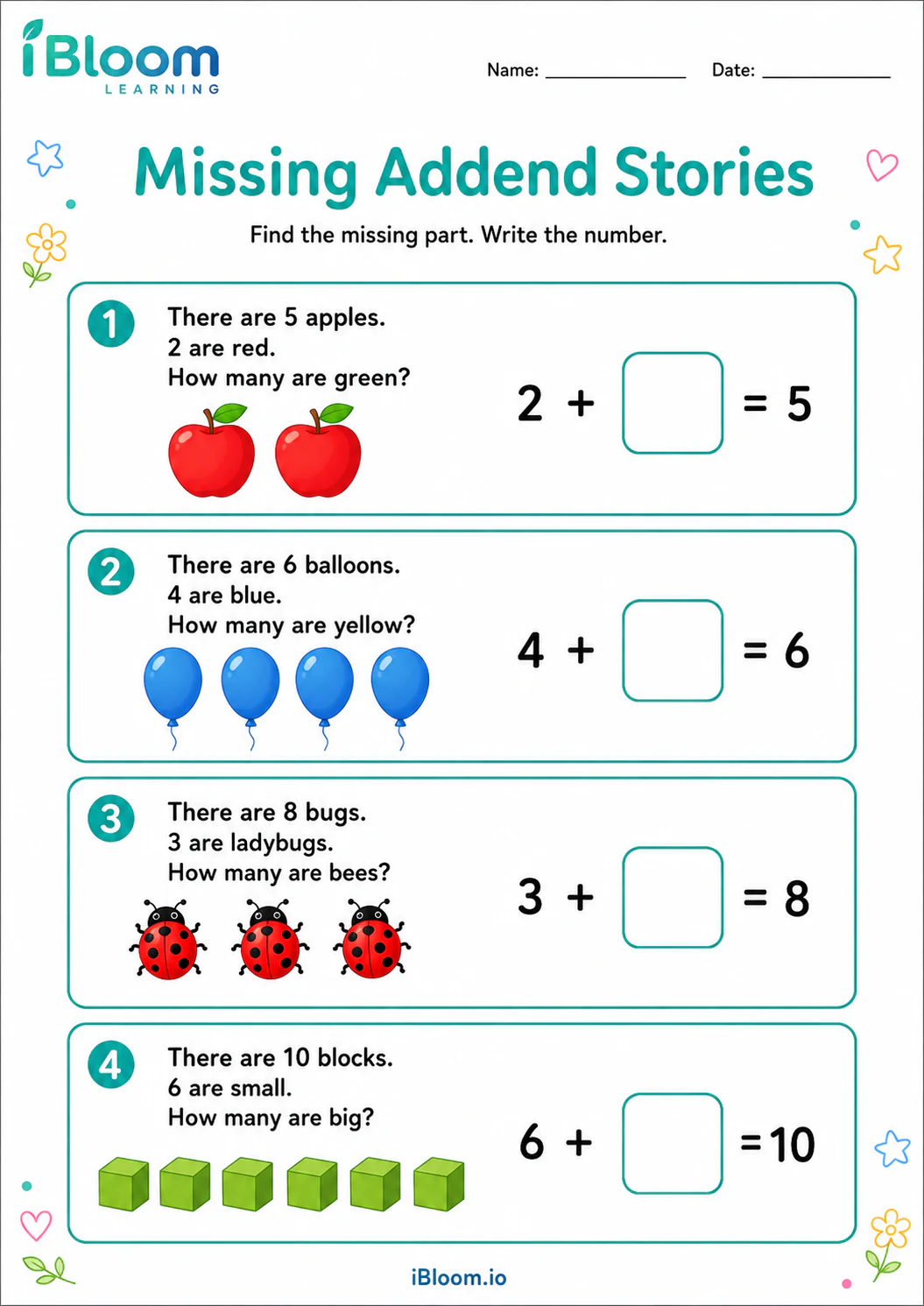 Preview of Missing Addend Stories worksheet