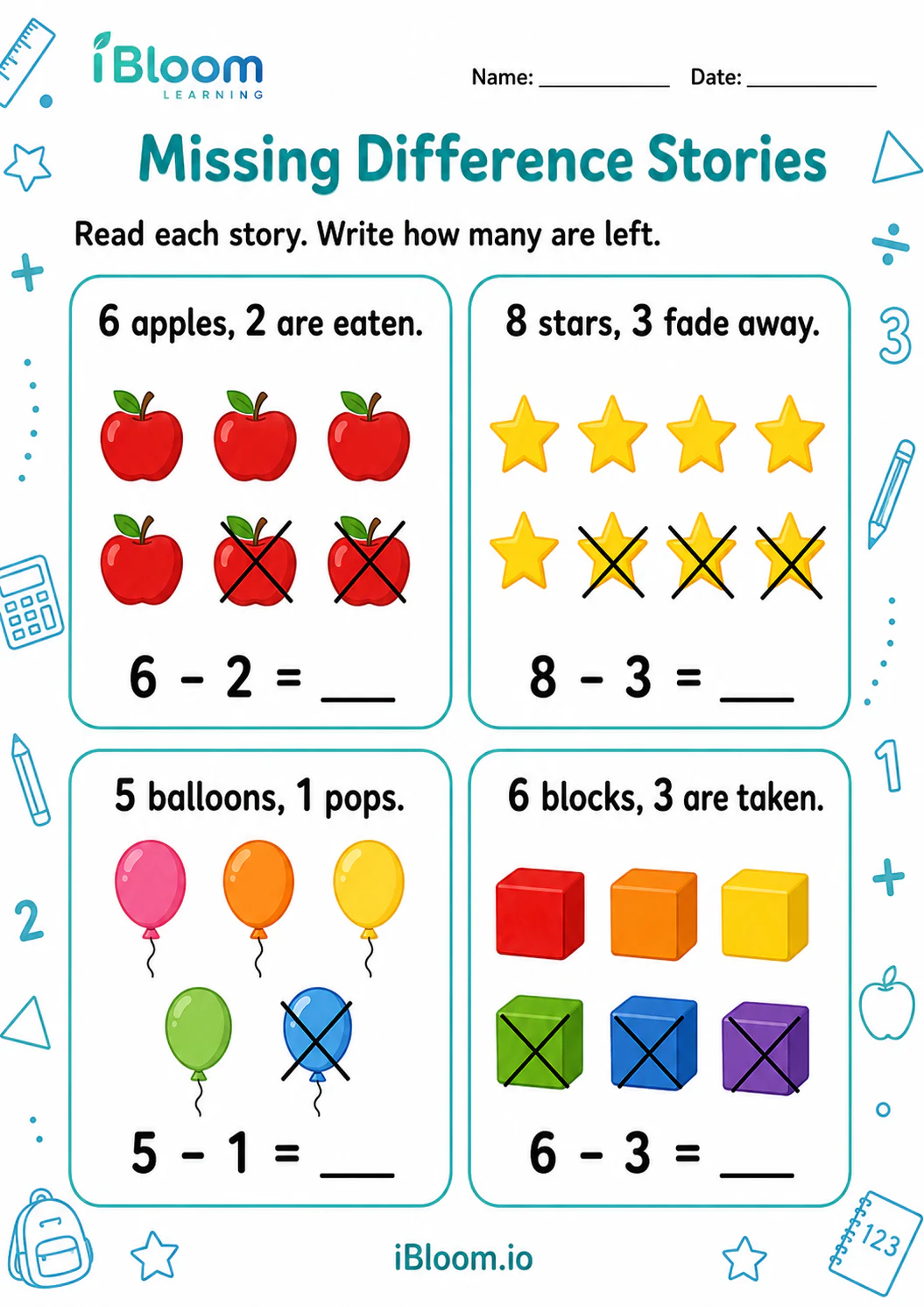 Preview of Missing Difference Stories worksheet