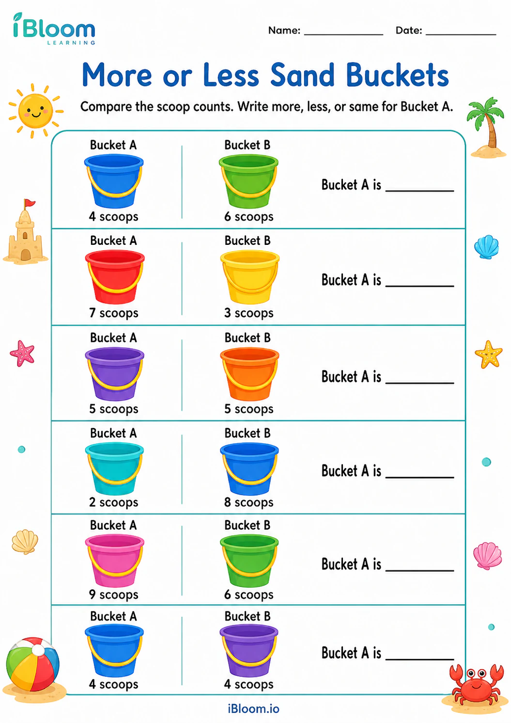 Preview of More or Less Sand Buckets worksheet