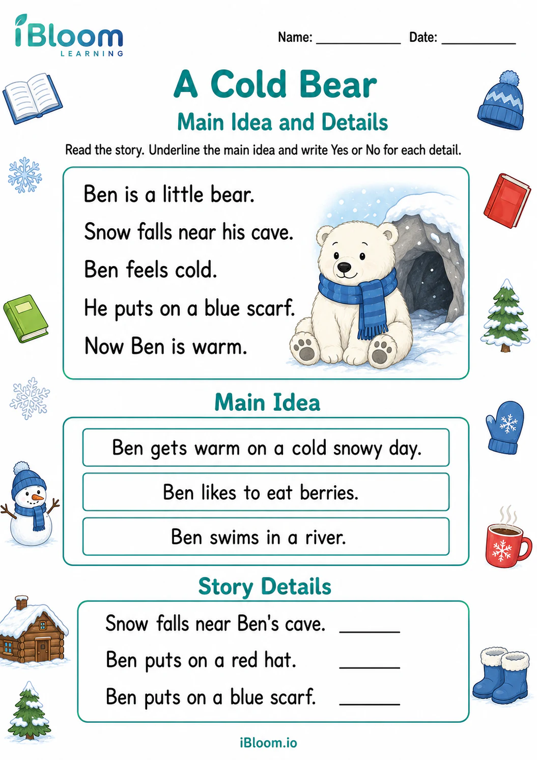 Preview of A Cold Bear — Main Idea and Details worksheet