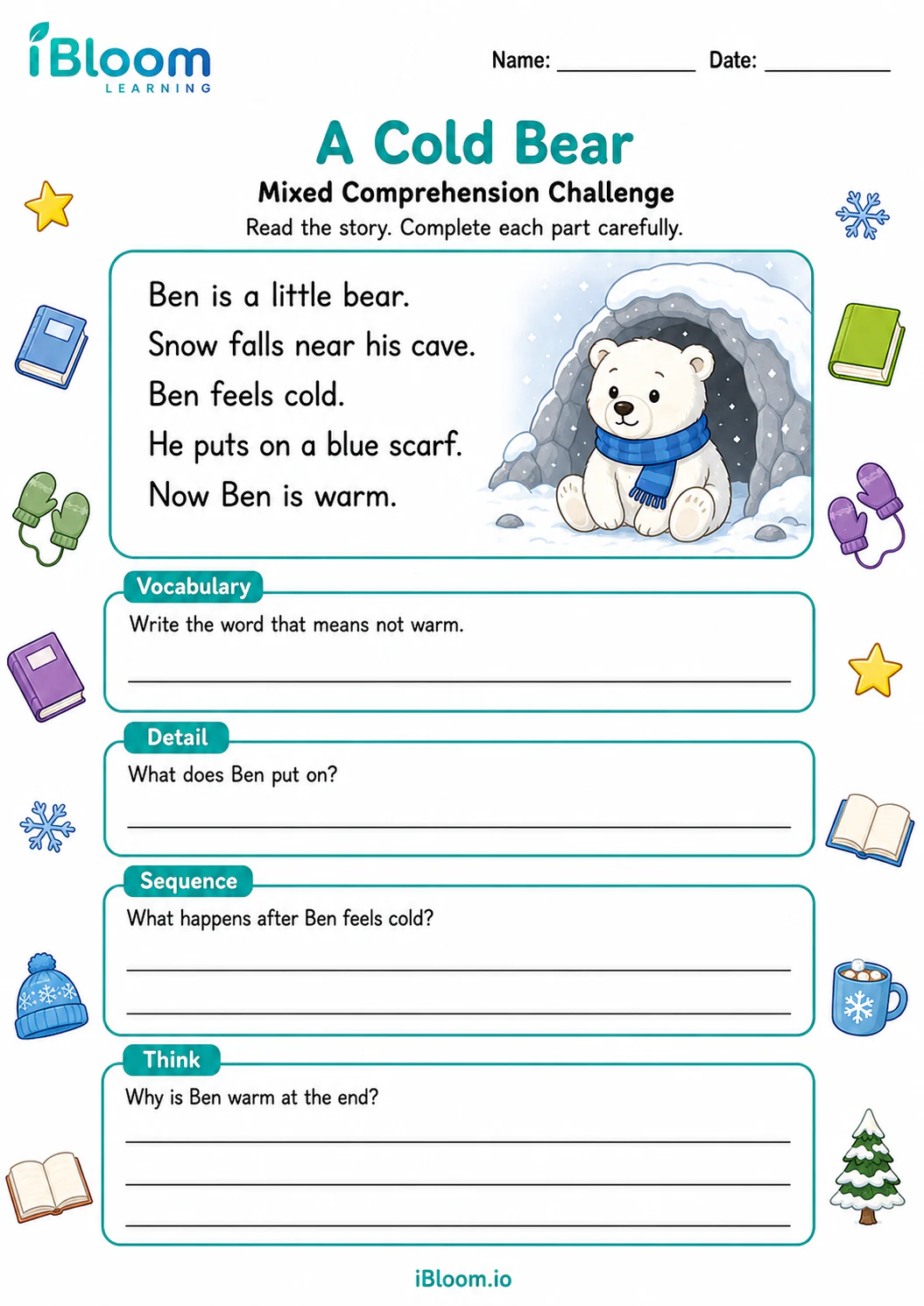 Preview of A Cold Bear — Mixed Comprehension Challenge worksheet
