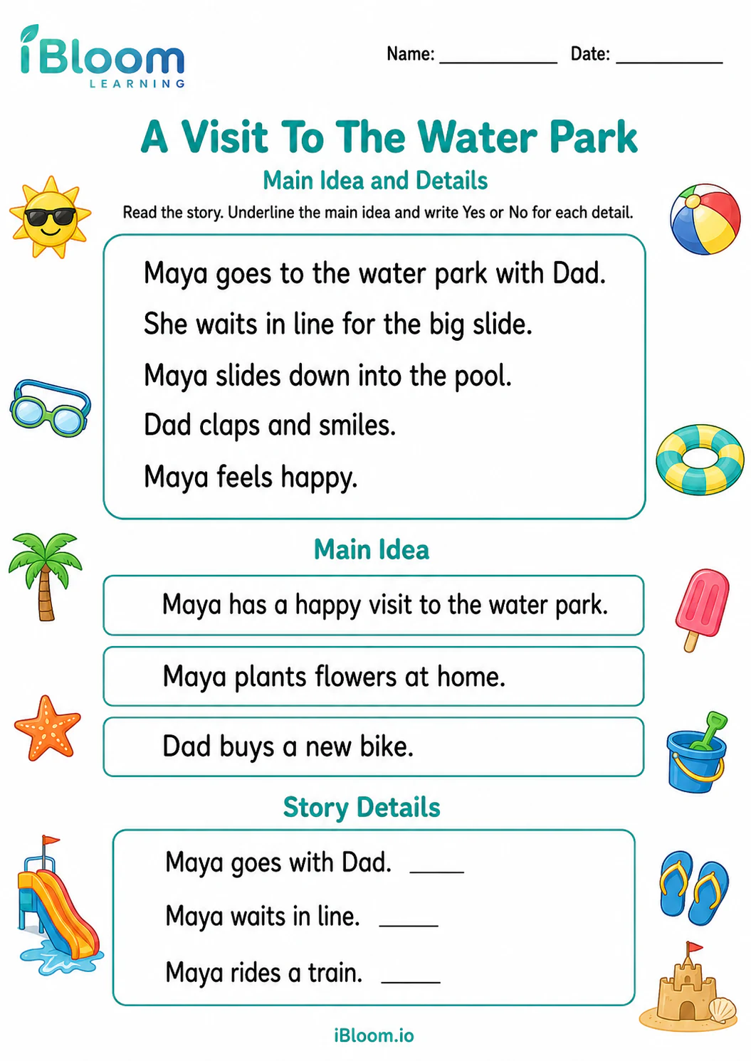 Preview of A Visit To The Water Park — Main Idea and Details worksheet