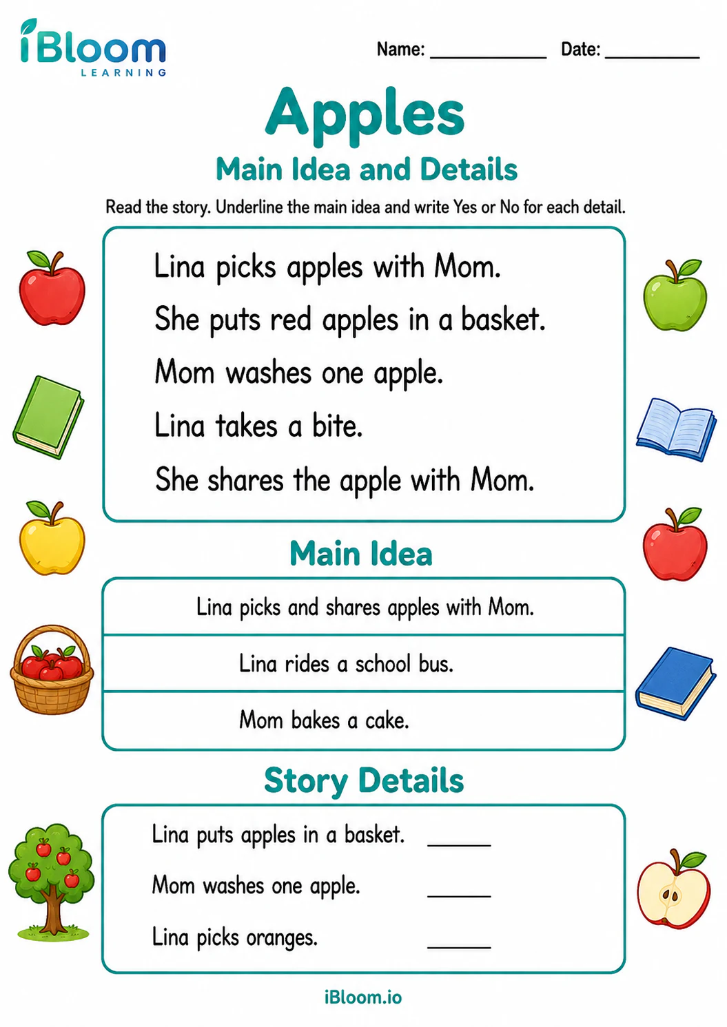 Preview of Apples — Main Idea and Details worksheet