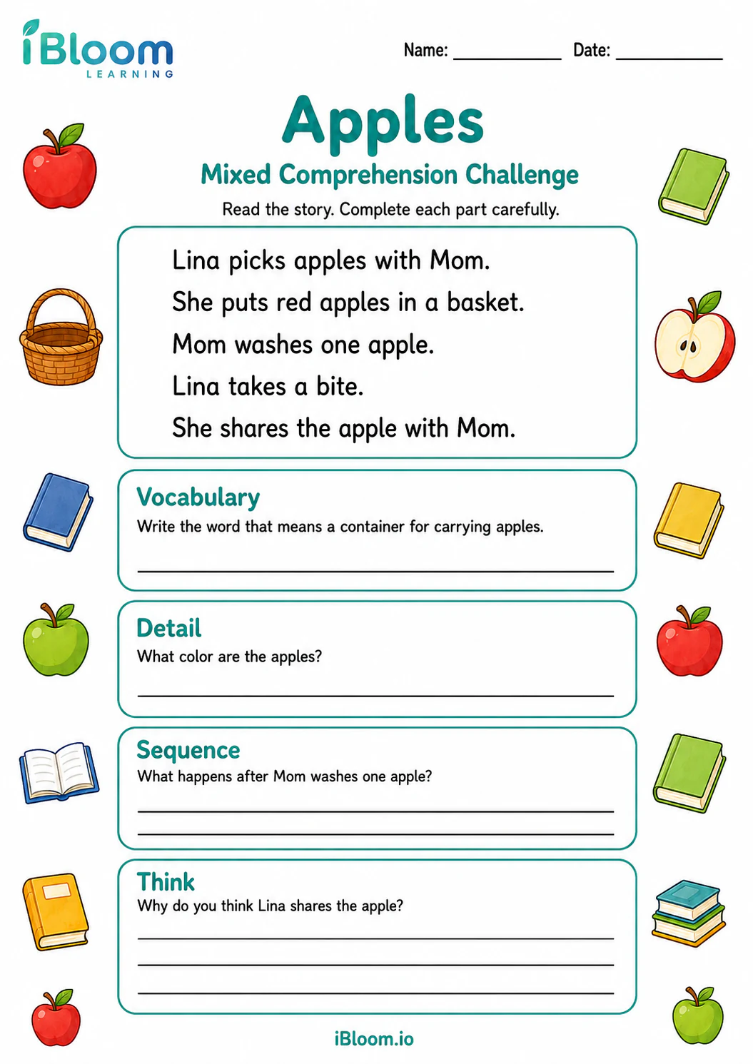 Preview of Apples — Mixed Comprehension Challenge worksheet