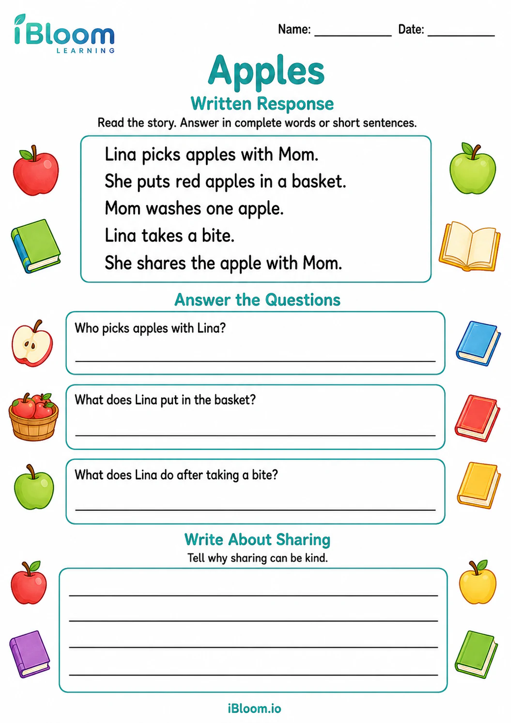 Apples — Written Response worksheet page 1