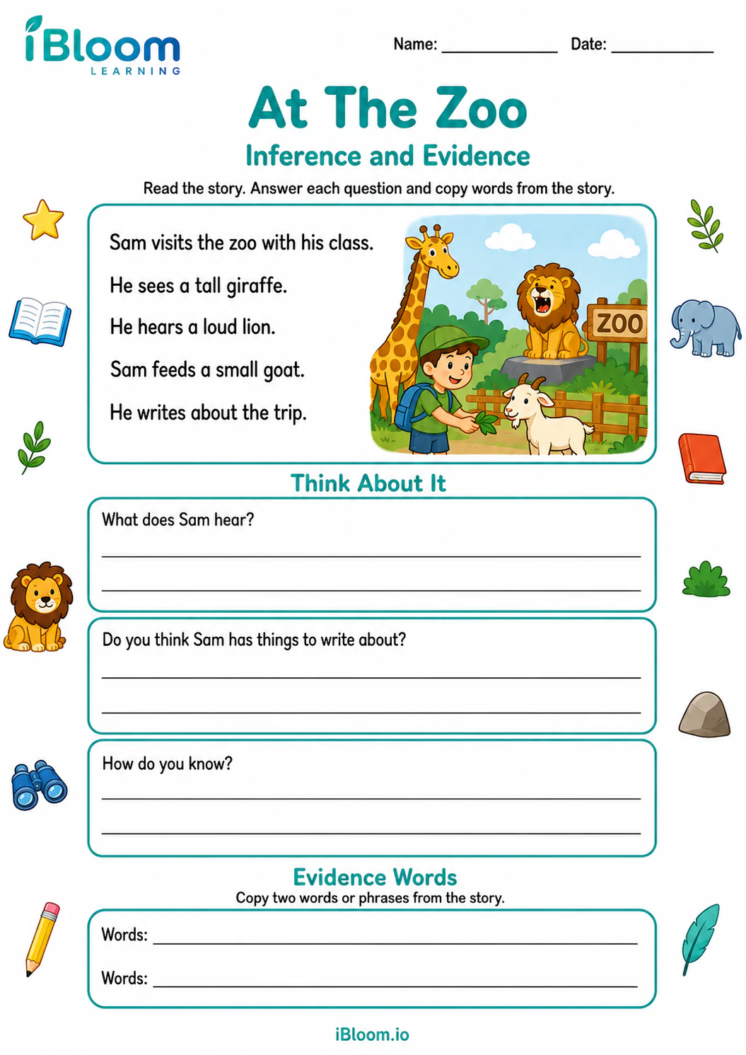 Preview of At The Zoo — Inference and Evidence worksheet