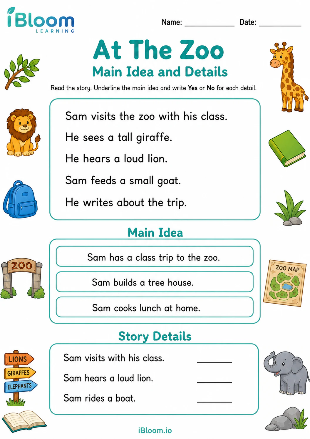 Preview of At The Zoo — Main Idea and Details worksheet