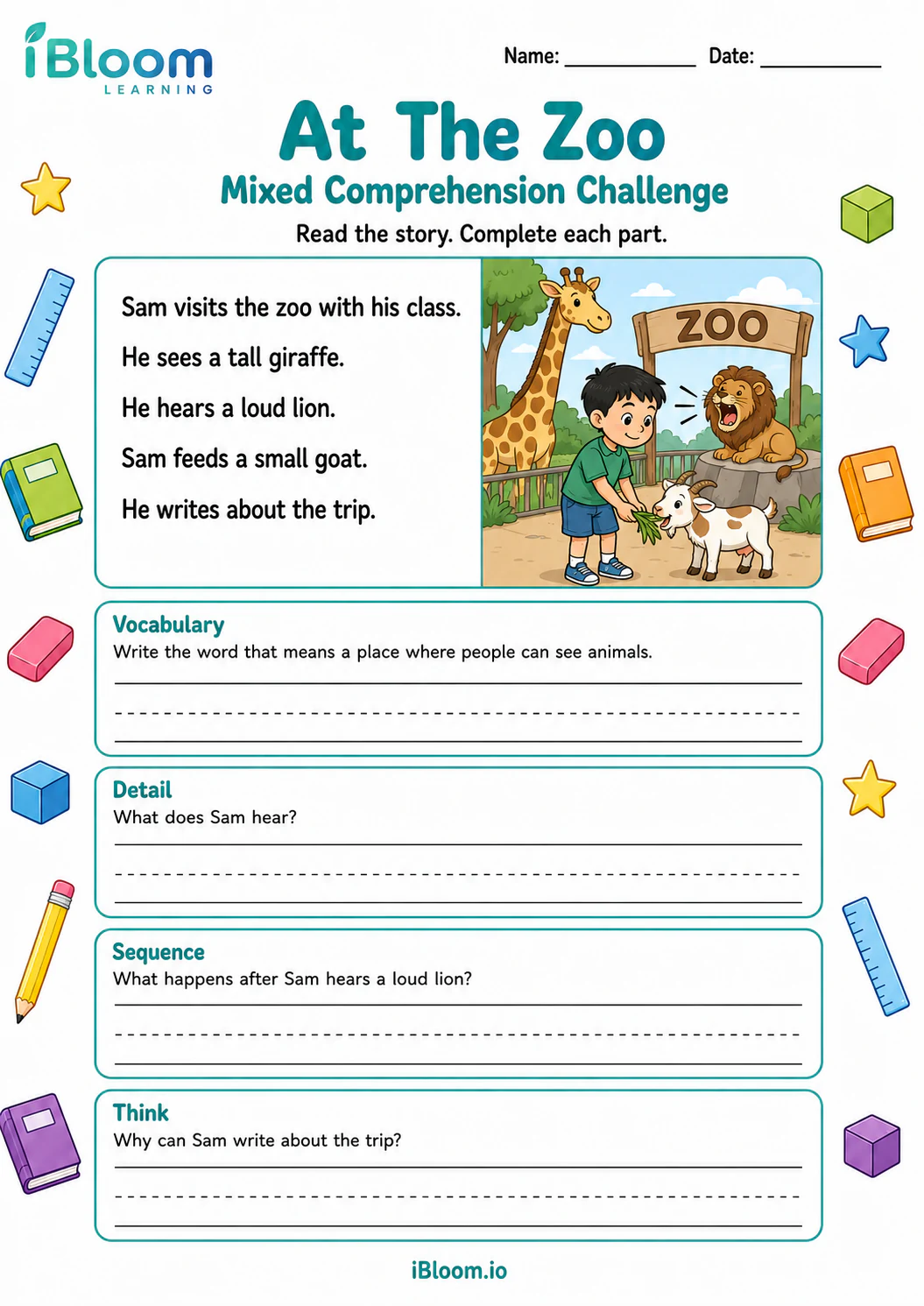 Preview of At The Zoo — Mixed Comprehension Challenge worksheet