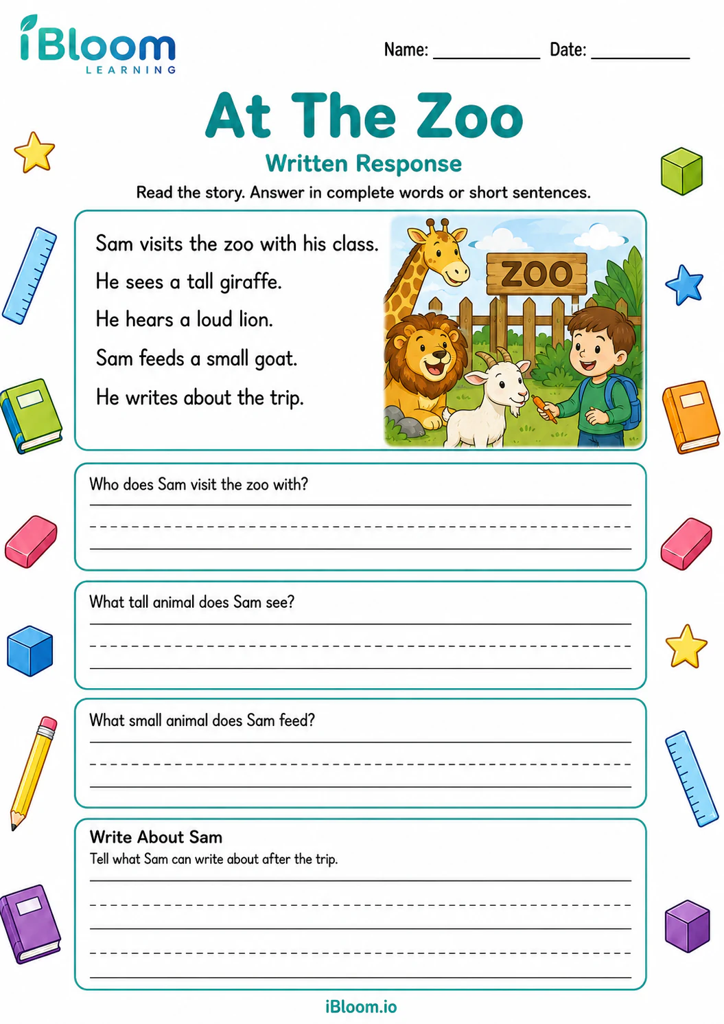 At The Zoo — Written Response worksheet page 1