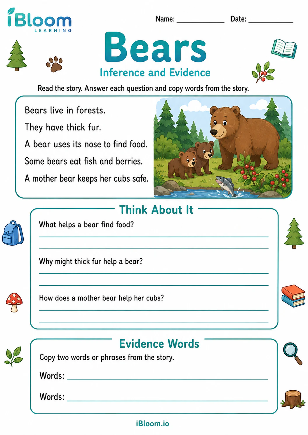 Preview of Bears — Inference and Evidence worksheet