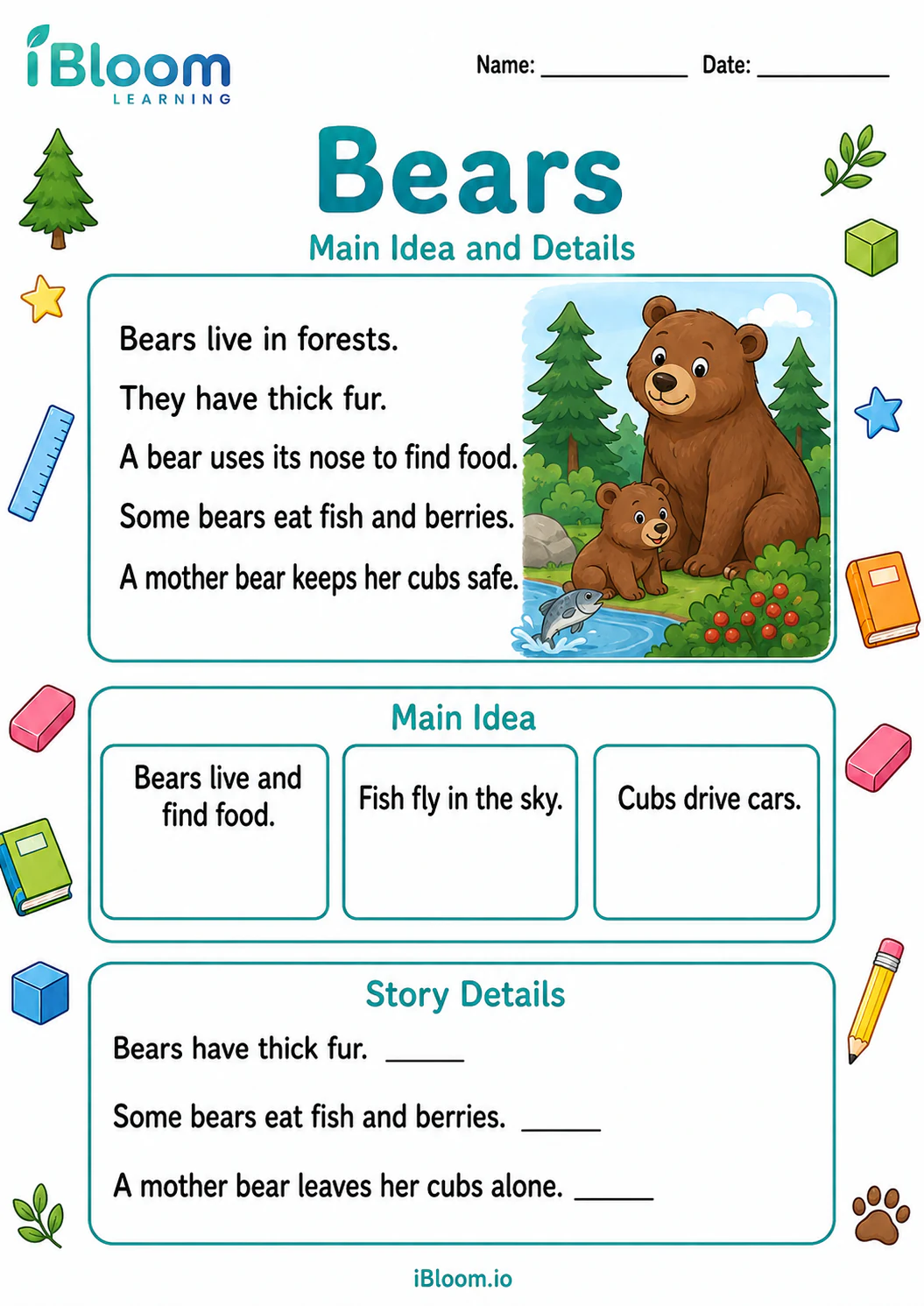 Preview of Bears — Main Idea and Details worksheet