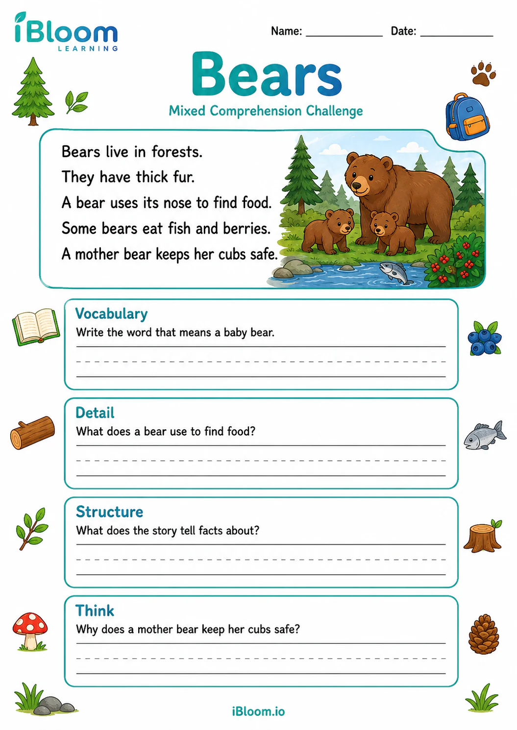 Preview of Bears — Mixed Comprehension Challenge worksheet