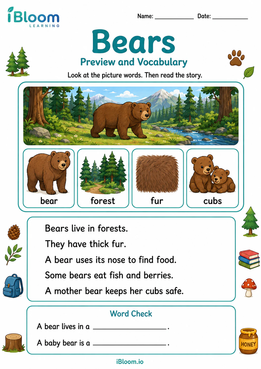 Preview page 1 of Bears — Preview and Vocabulary