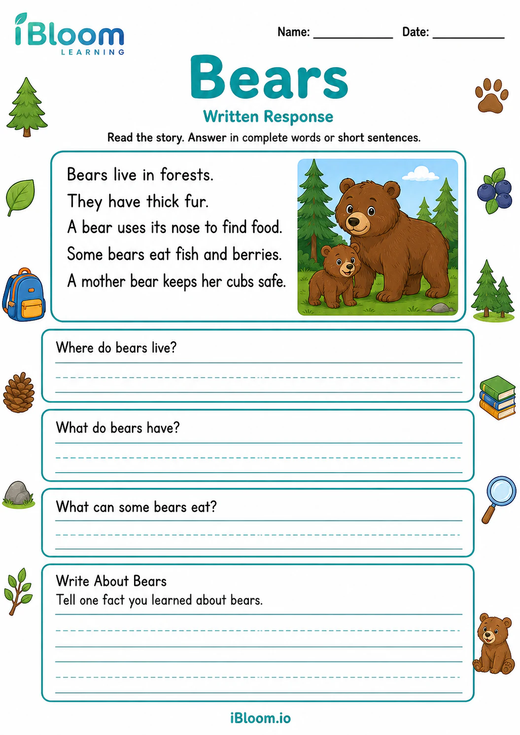 Preview of Bears — Written Response worksheet