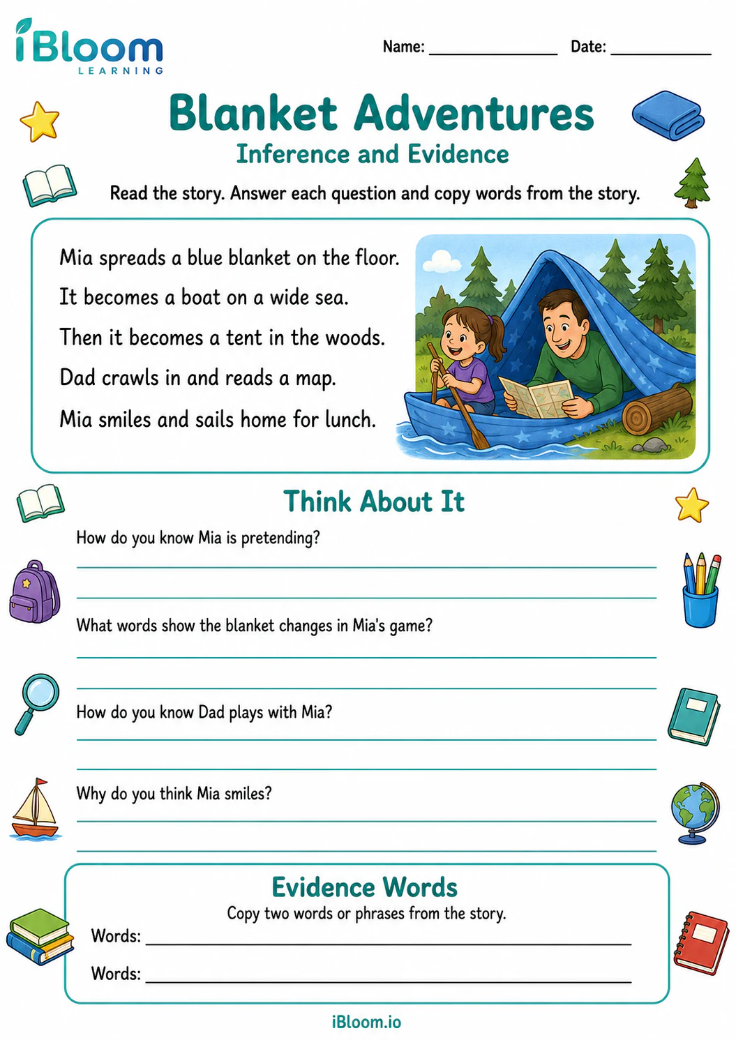 Preview of Blanket Adventures — Inference and Evidence worksheet