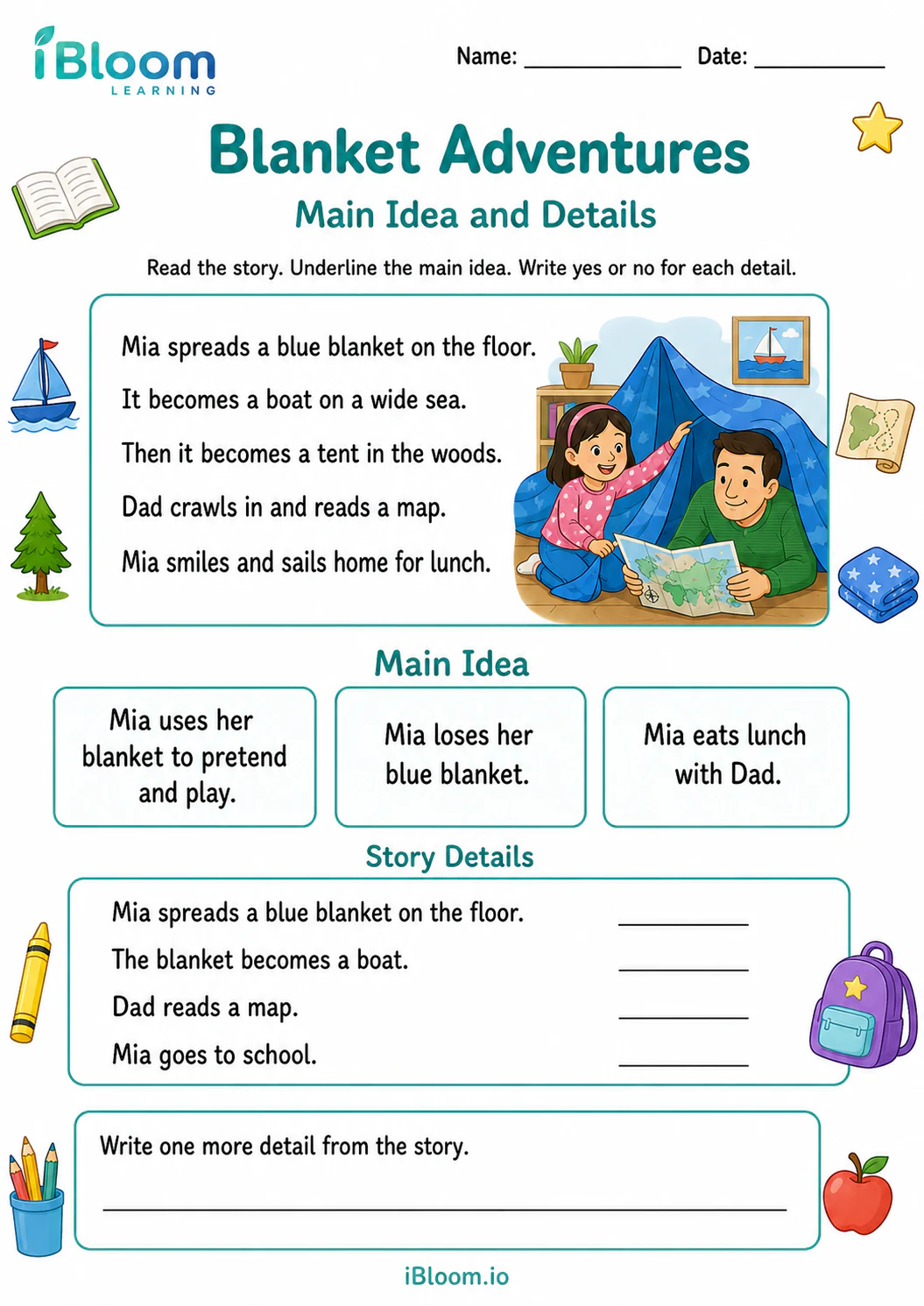 Preview of Blanket Adventures — Main Idea and Details worksheet
