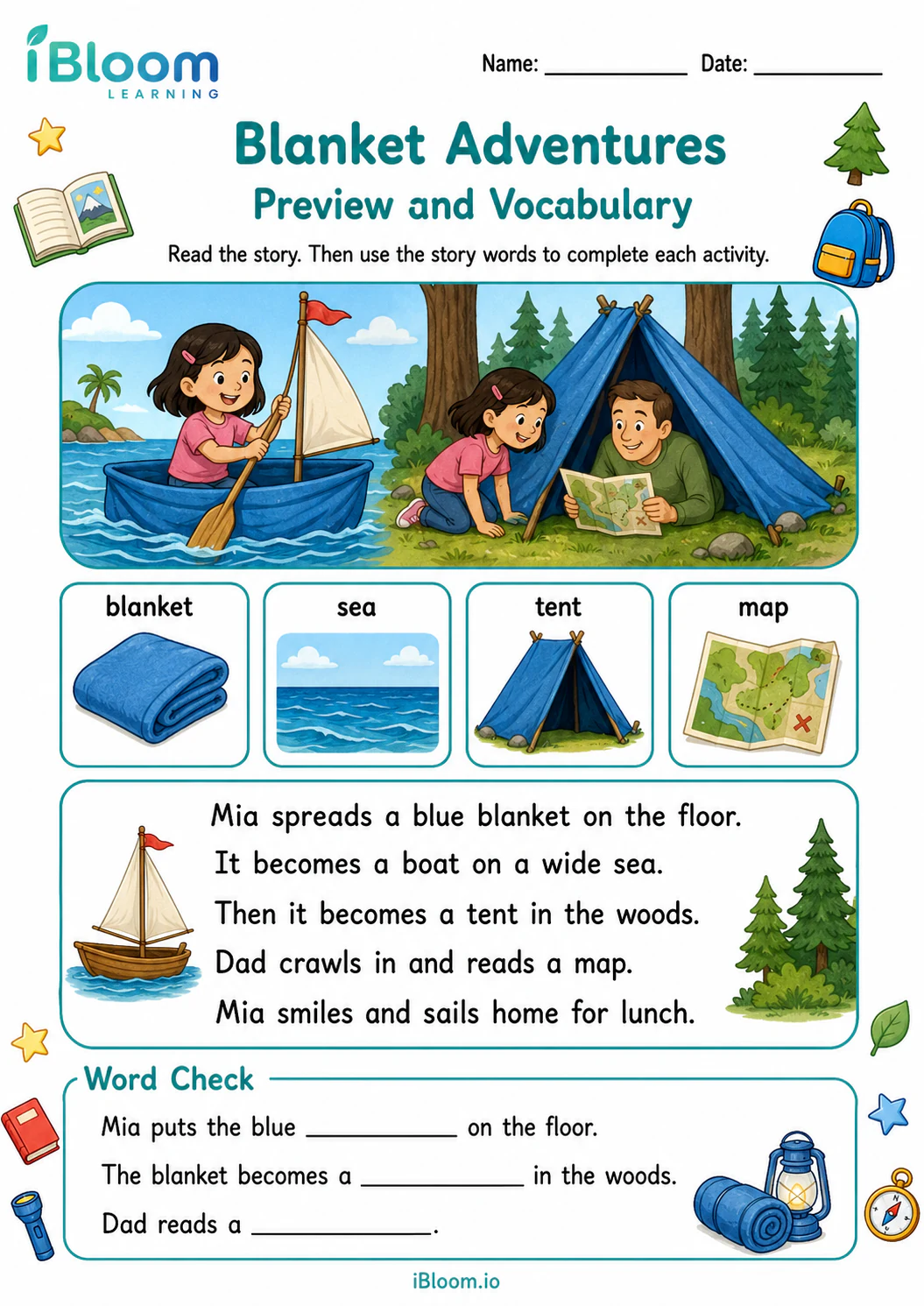 Preview page 1 of Blanket Adventures — Preview and Vocabulary
