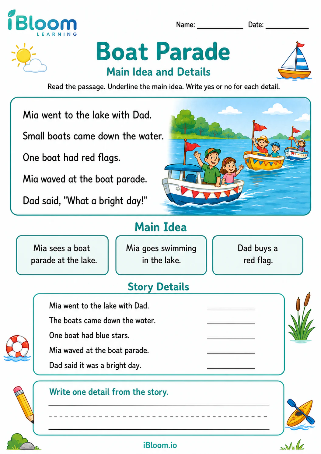 Preview of Boat Parade — Main Idea and Details worksheet