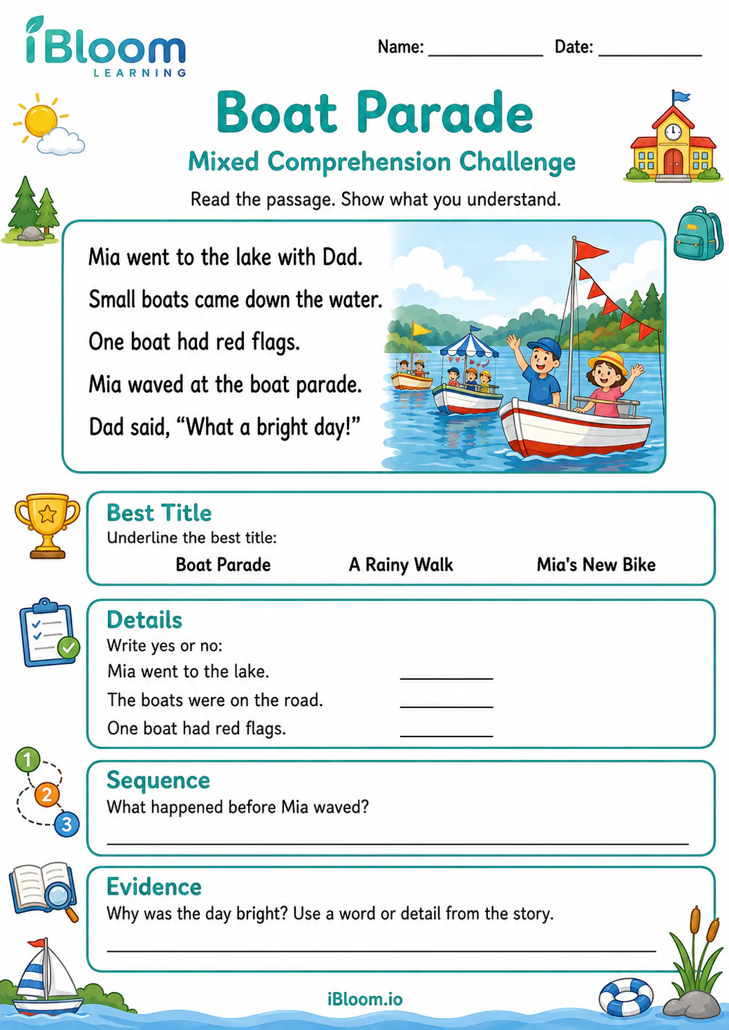 Preview of Boat Parade — Mixed Comprehension Challenge worksheet