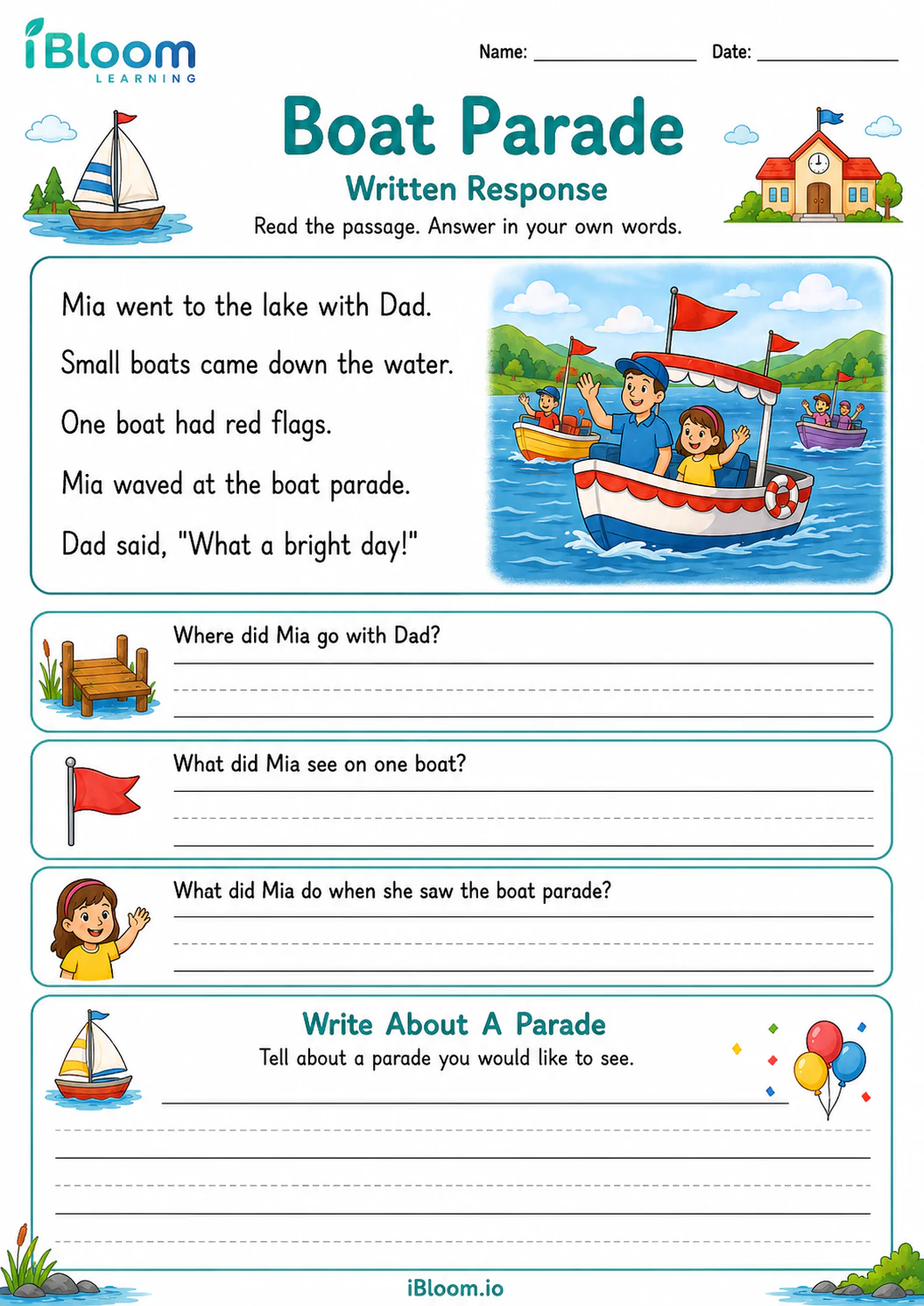 Preview of Boat Parade — Written Response worksheet